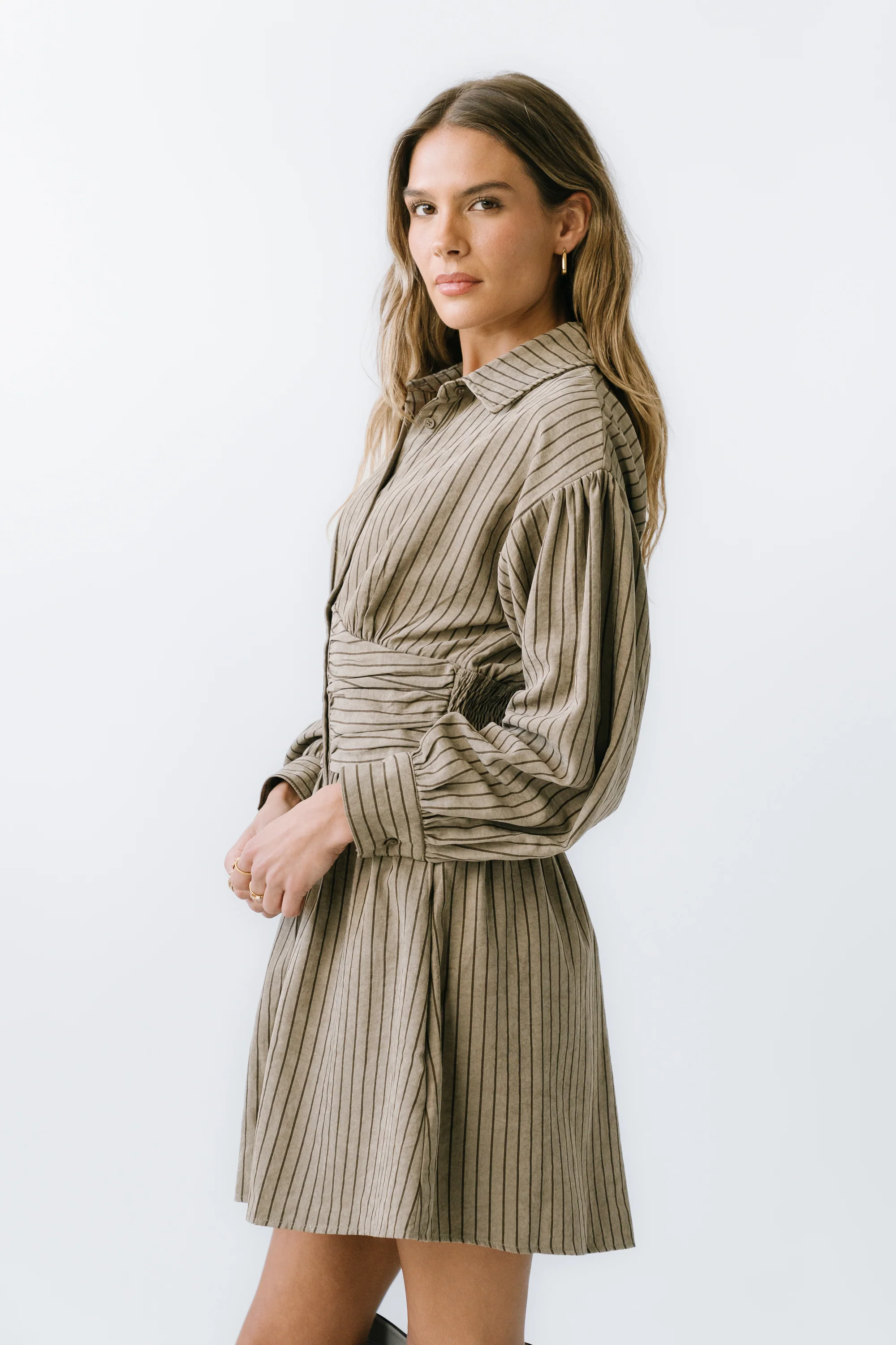 Lonnie Striped Mini Dress in Taupe - FINAL SALE - Image 3