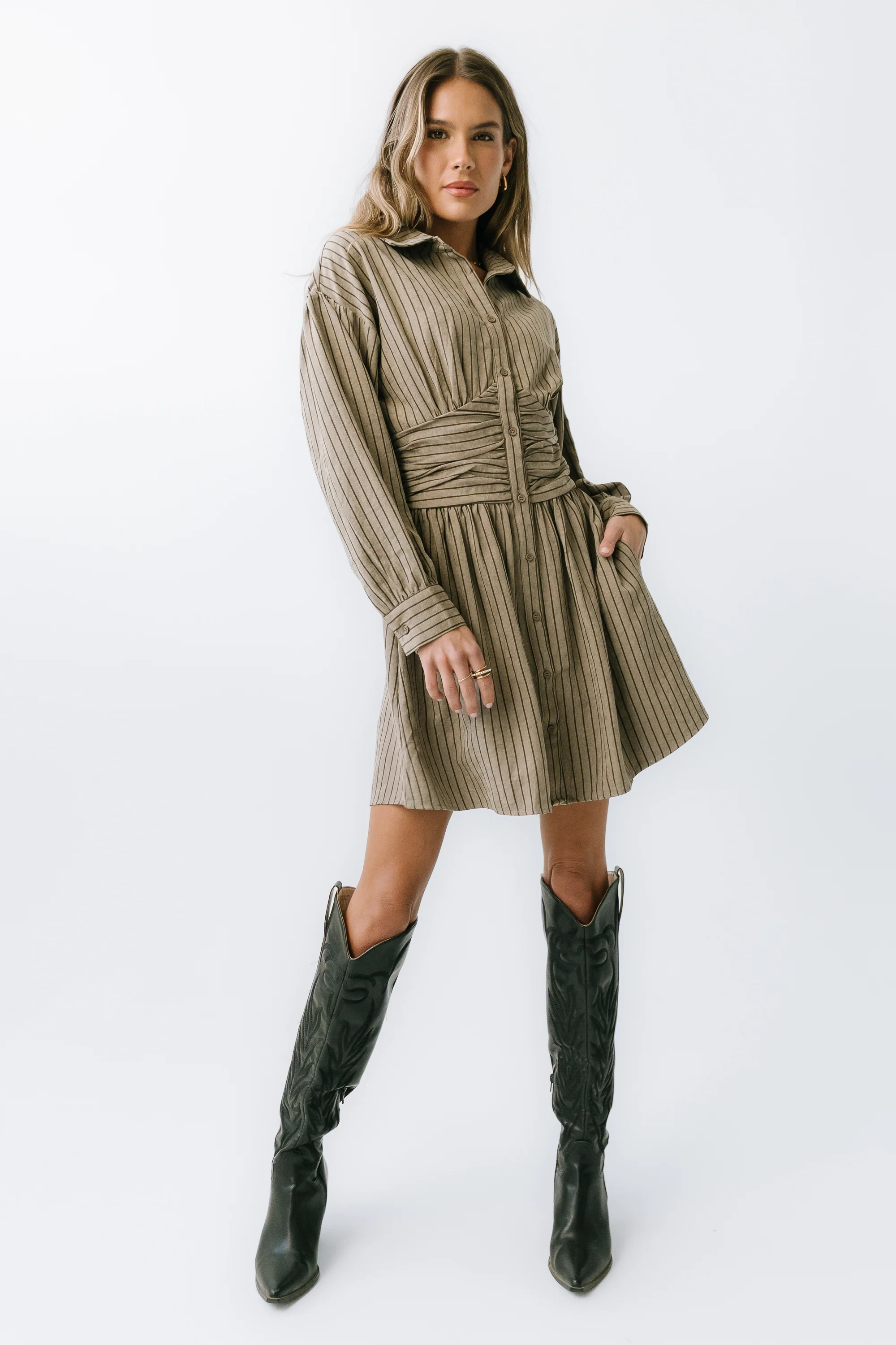 Lonnie Striped Mini Dress in Taupe - FINAL SALE - Image 5