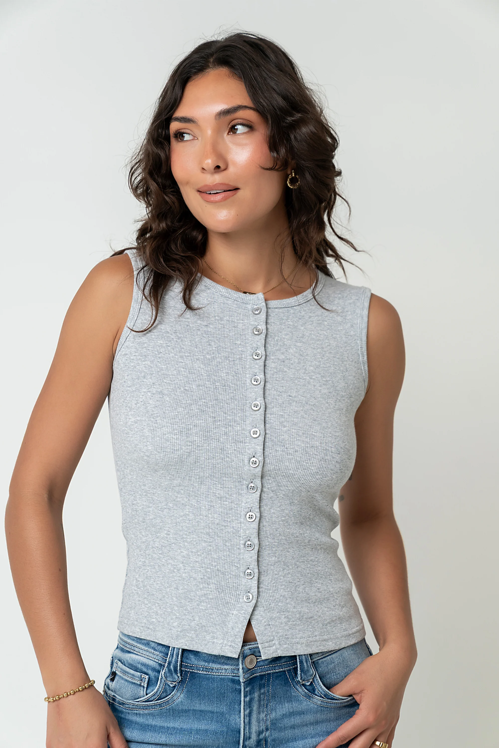 Lucas Button Up Tank Top in Grey - Image 6