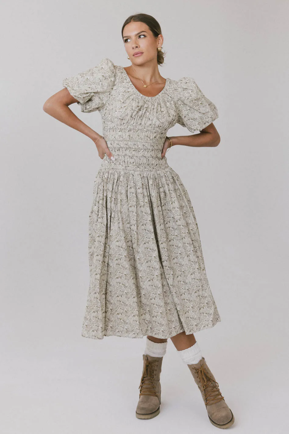 Lucille Smocked Floral Dress in Olive - FINAL SALE - Image 6
