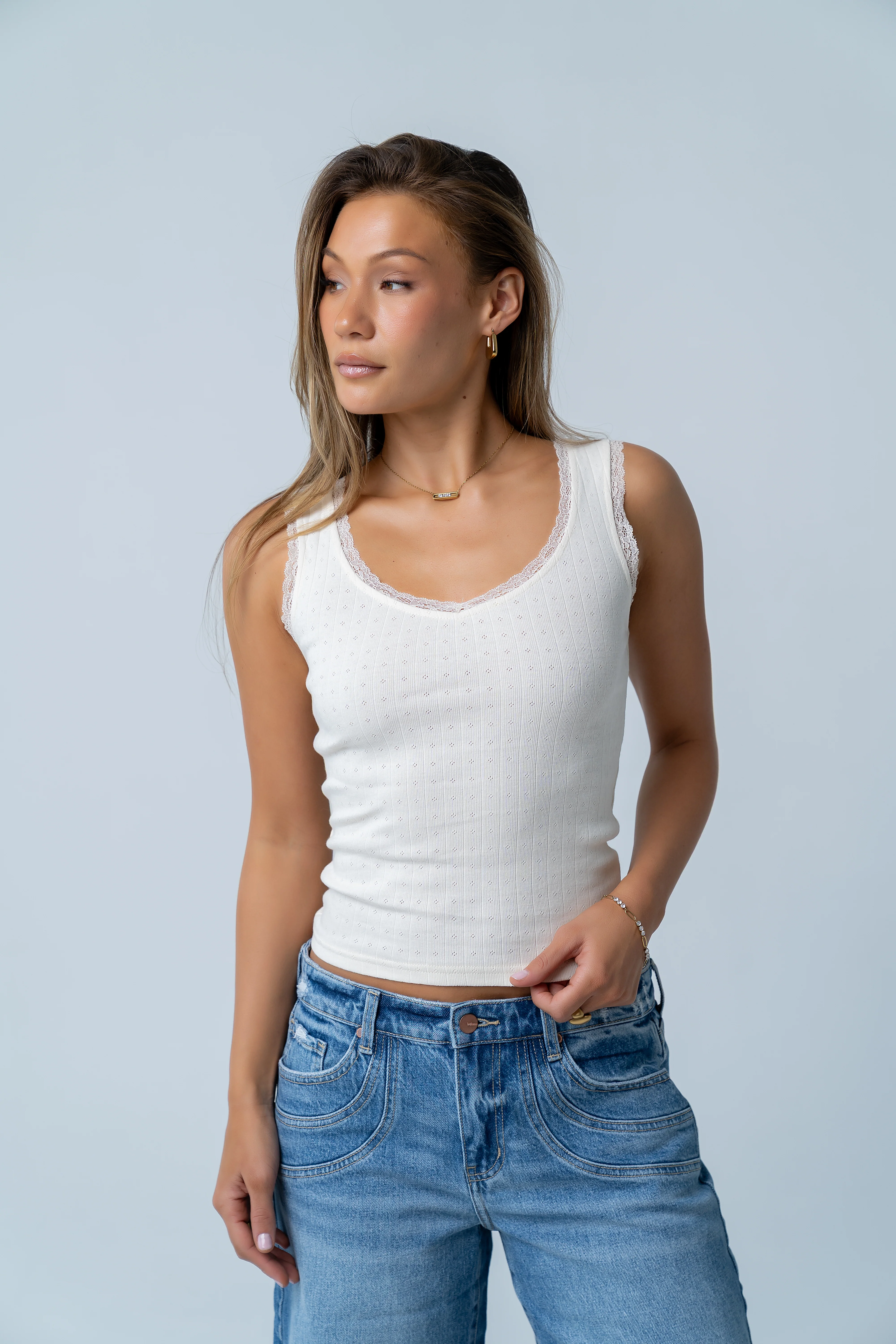 Mackie Lace Trim Tank in Heather Grey - Image 3