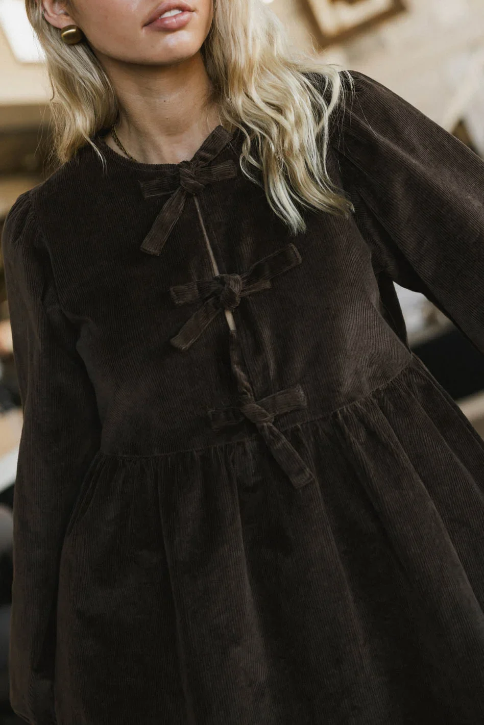 Tyler Peplum Mini Dress in Brown Corduroy - Image 2