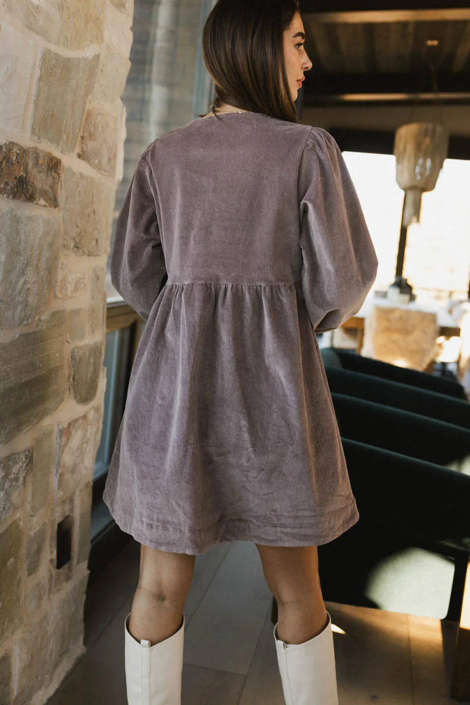 Tyler Peplum Mini Dress in Mauve Corduroy - FINAL SALE - Image 5