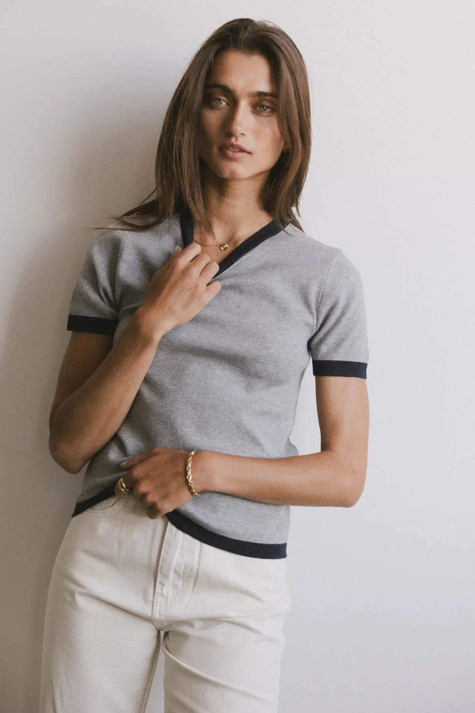 Maddie Ringer Sweater Top in Grey - Image 3