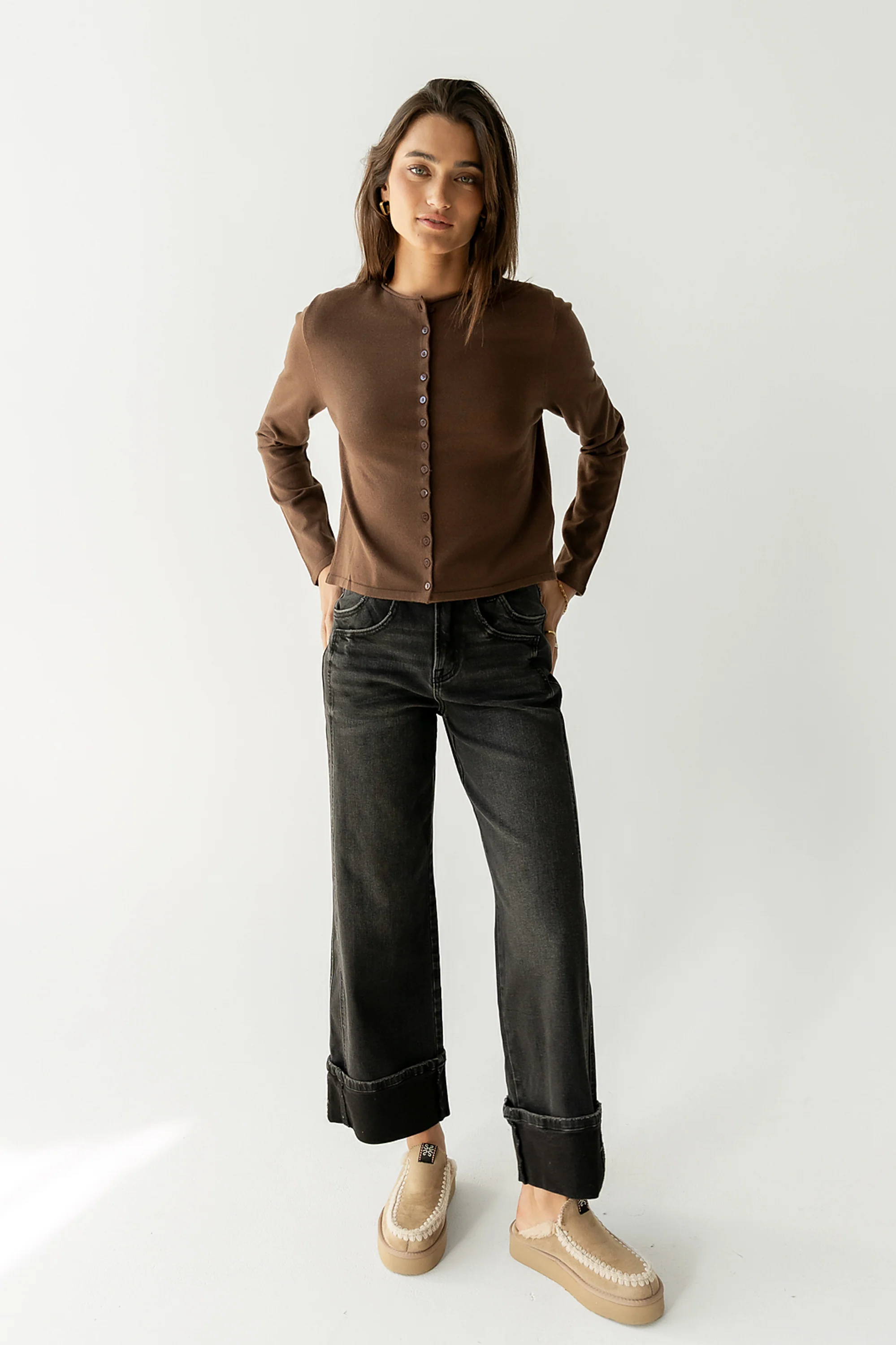 Maddy Button Up Cardigan in Brown - FINAL SALE - Image 2