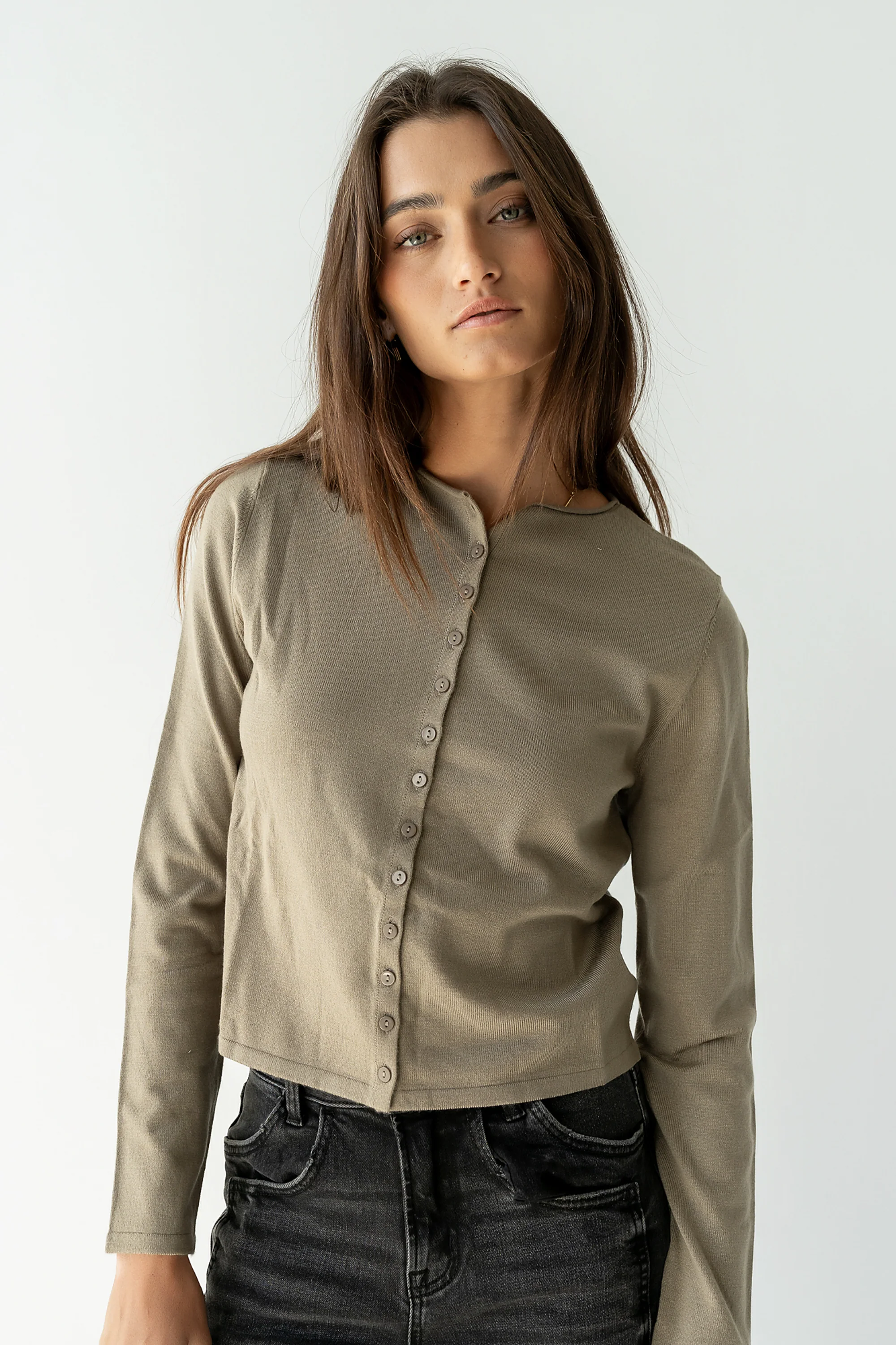 Maddy Button Up Cardigan in Olive - FINAL SALE - Image 4