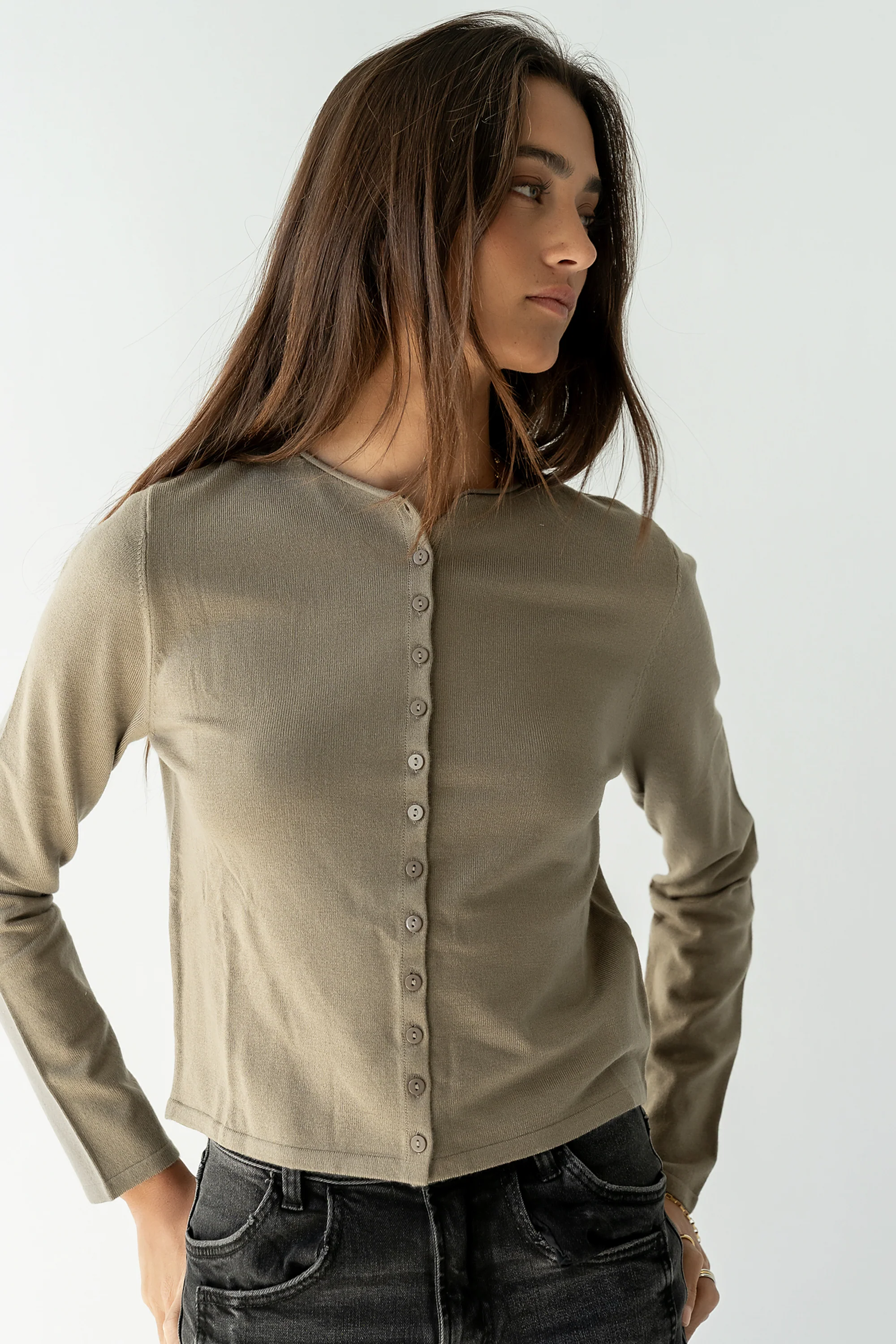 Maddy Button Up Cardigan in Olive - FINAL SALE - Image 5