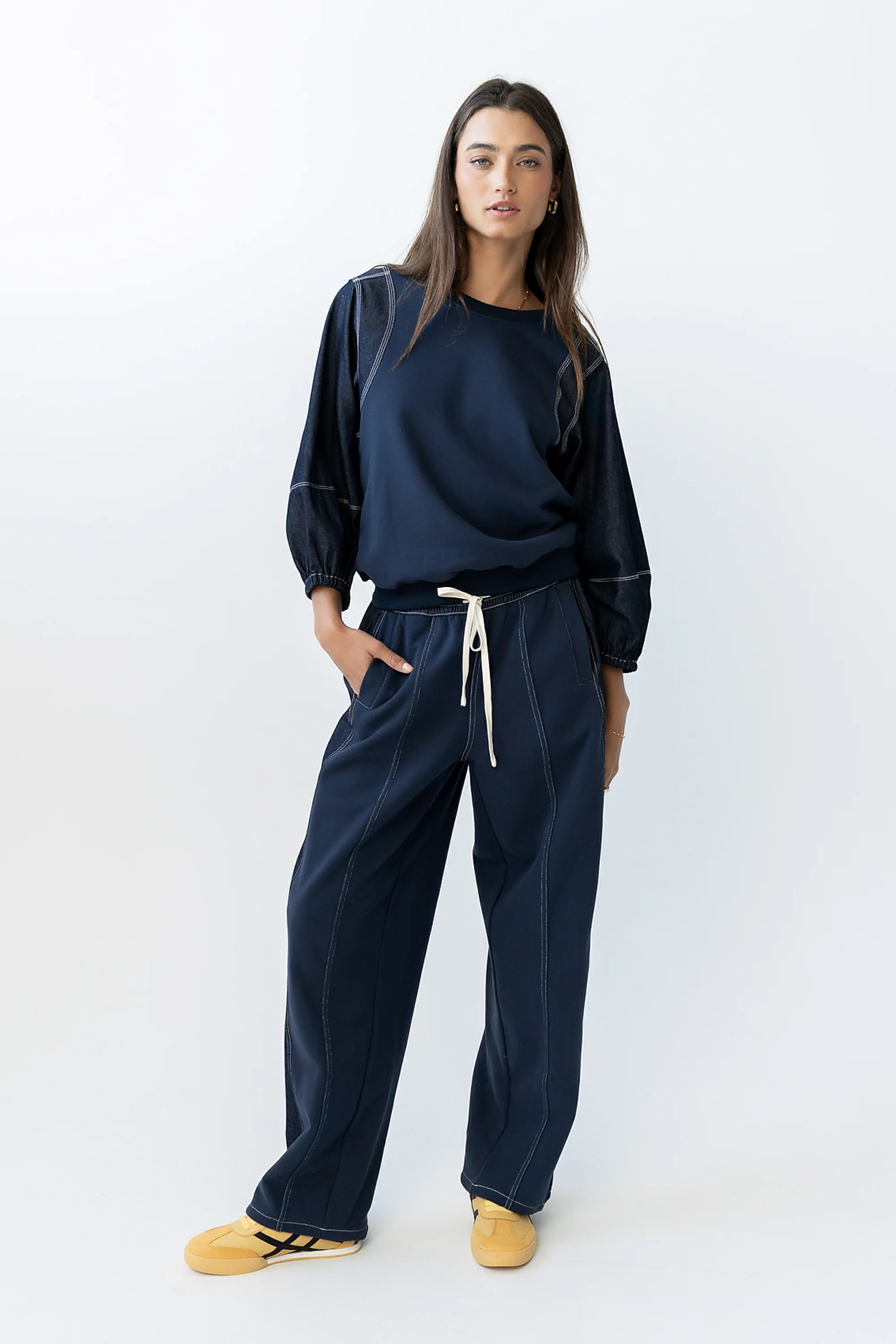 Malinda Mixed Media Baggy Pants in Dark Wash - FINAL SALE - Image 2