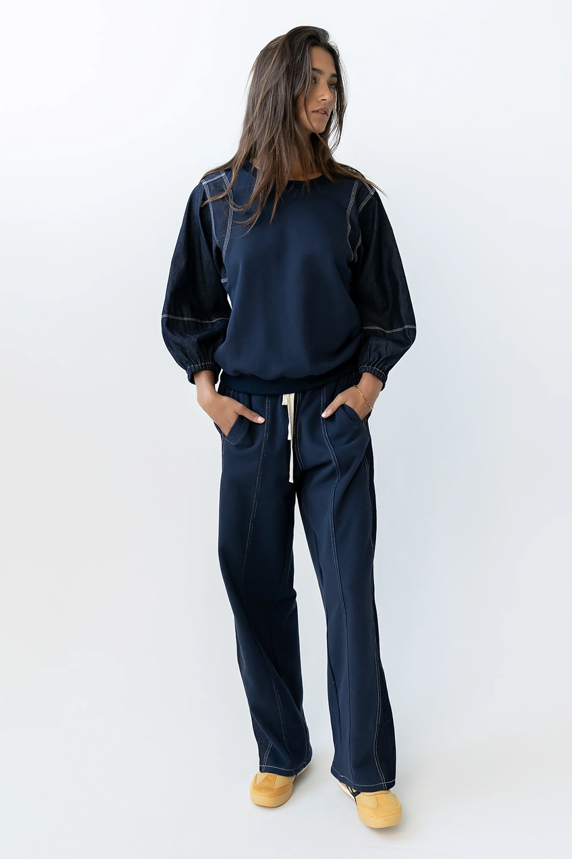 Malinda Mixed Media Baggy Pants in Dark Wash - FINAL SALE - Image 5