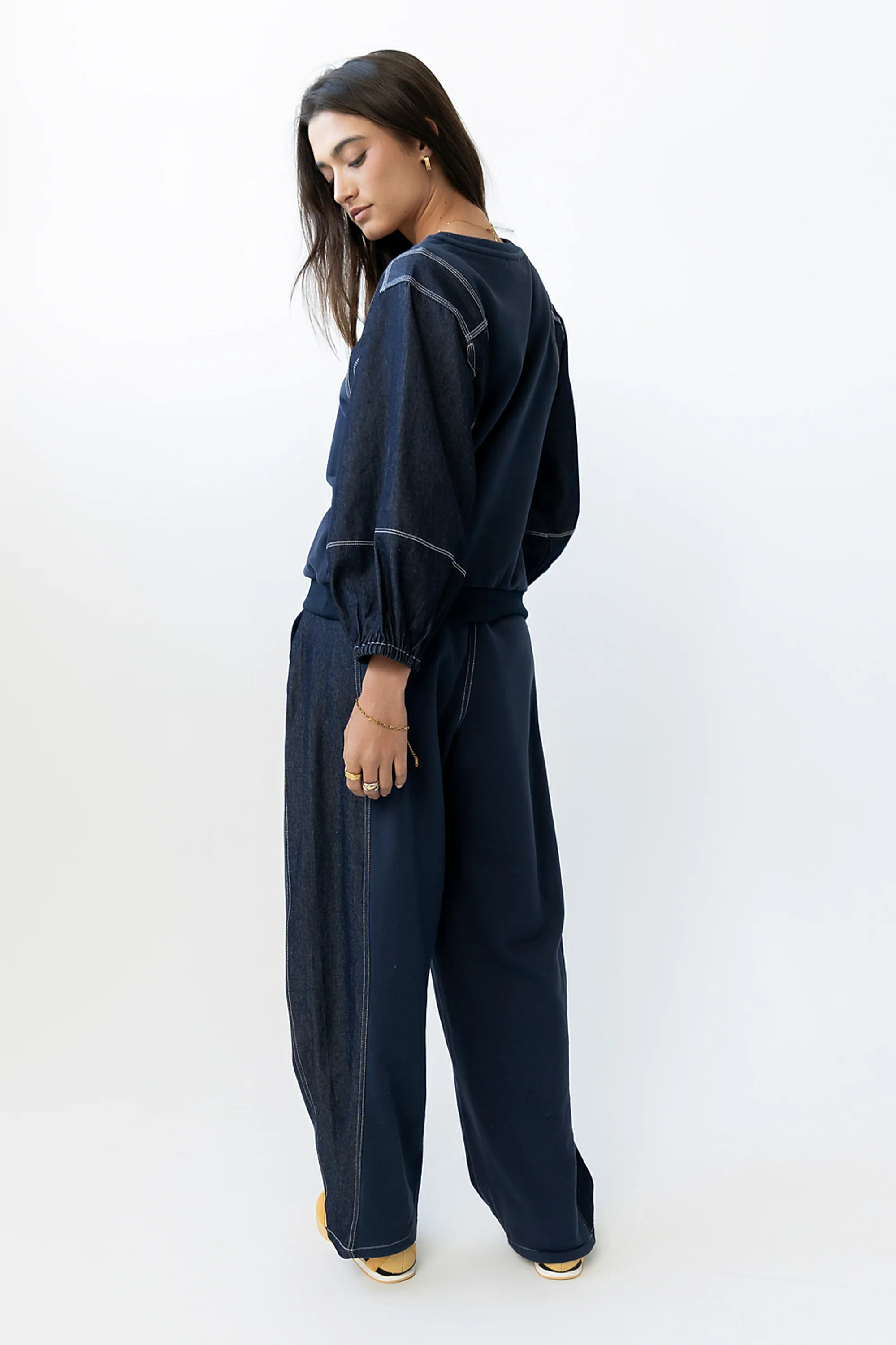 Malinda Mixed Media Baggy Pants in Dark Wash - FINAL SALE - Image 6