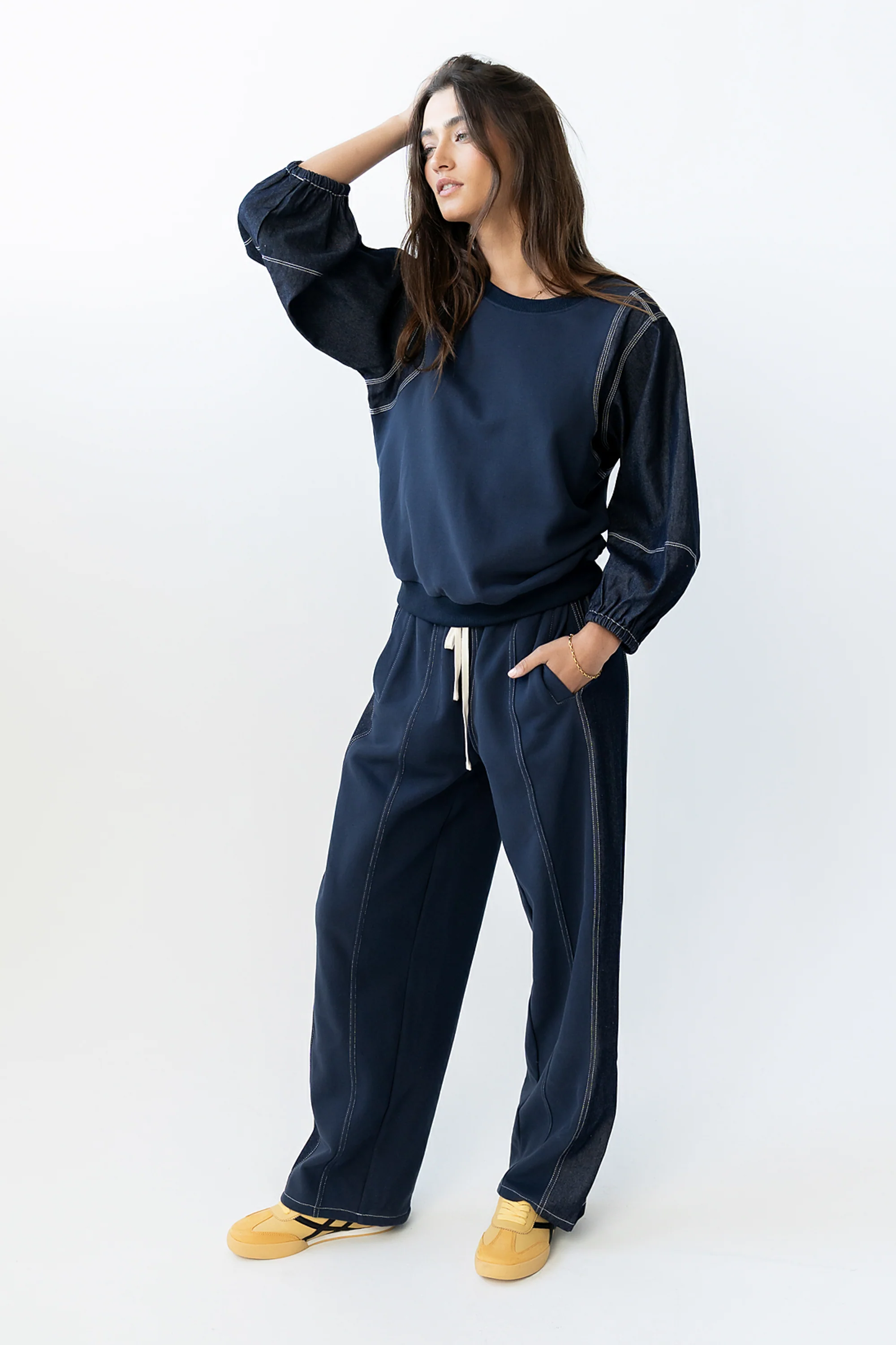 Malinda Mixed Media Baggy Pants in Dark Wash - FINAL SALE - Image 7