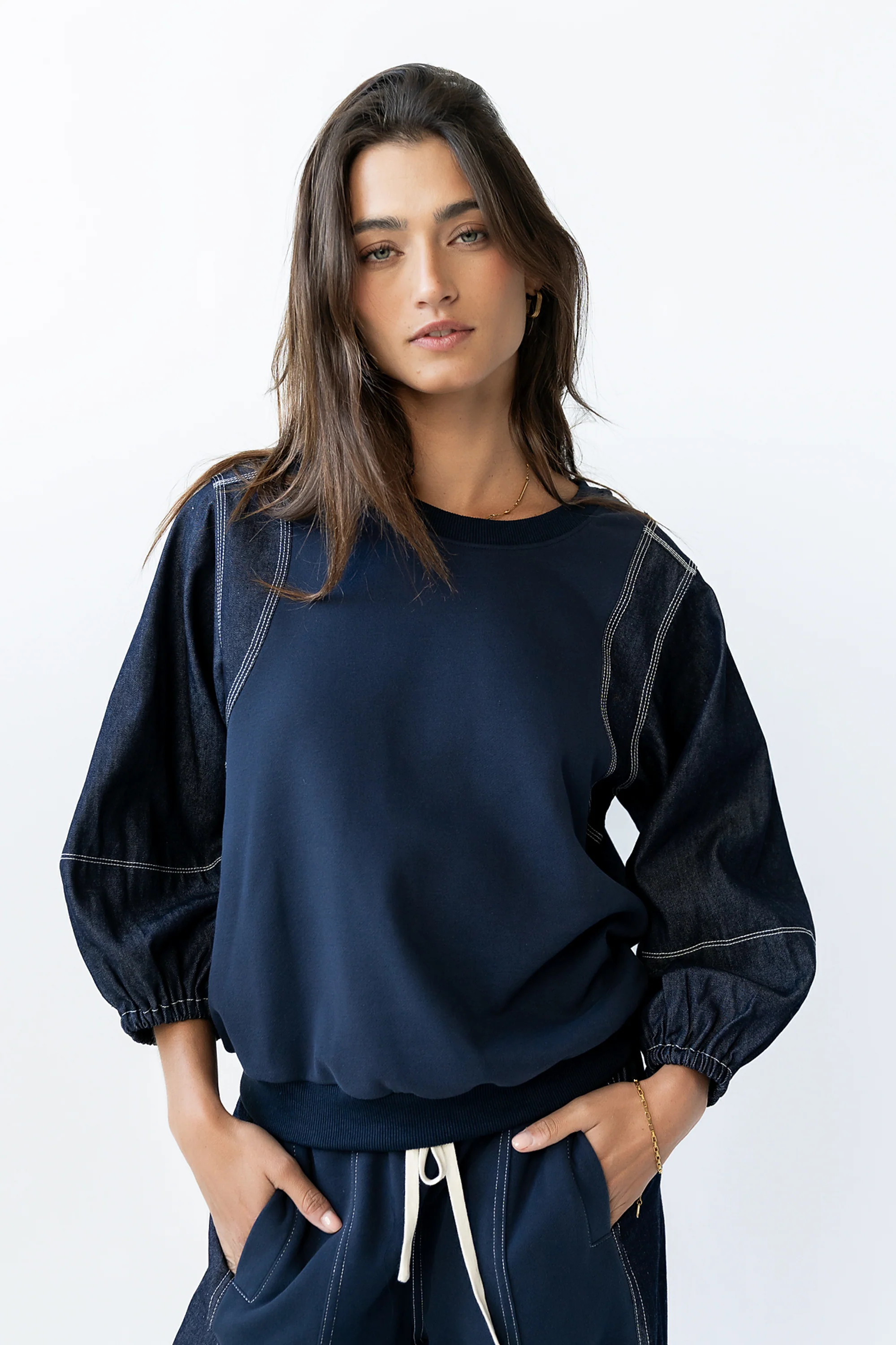 Malinda Mixed Media Top in Dark Wash - FINAL SALE