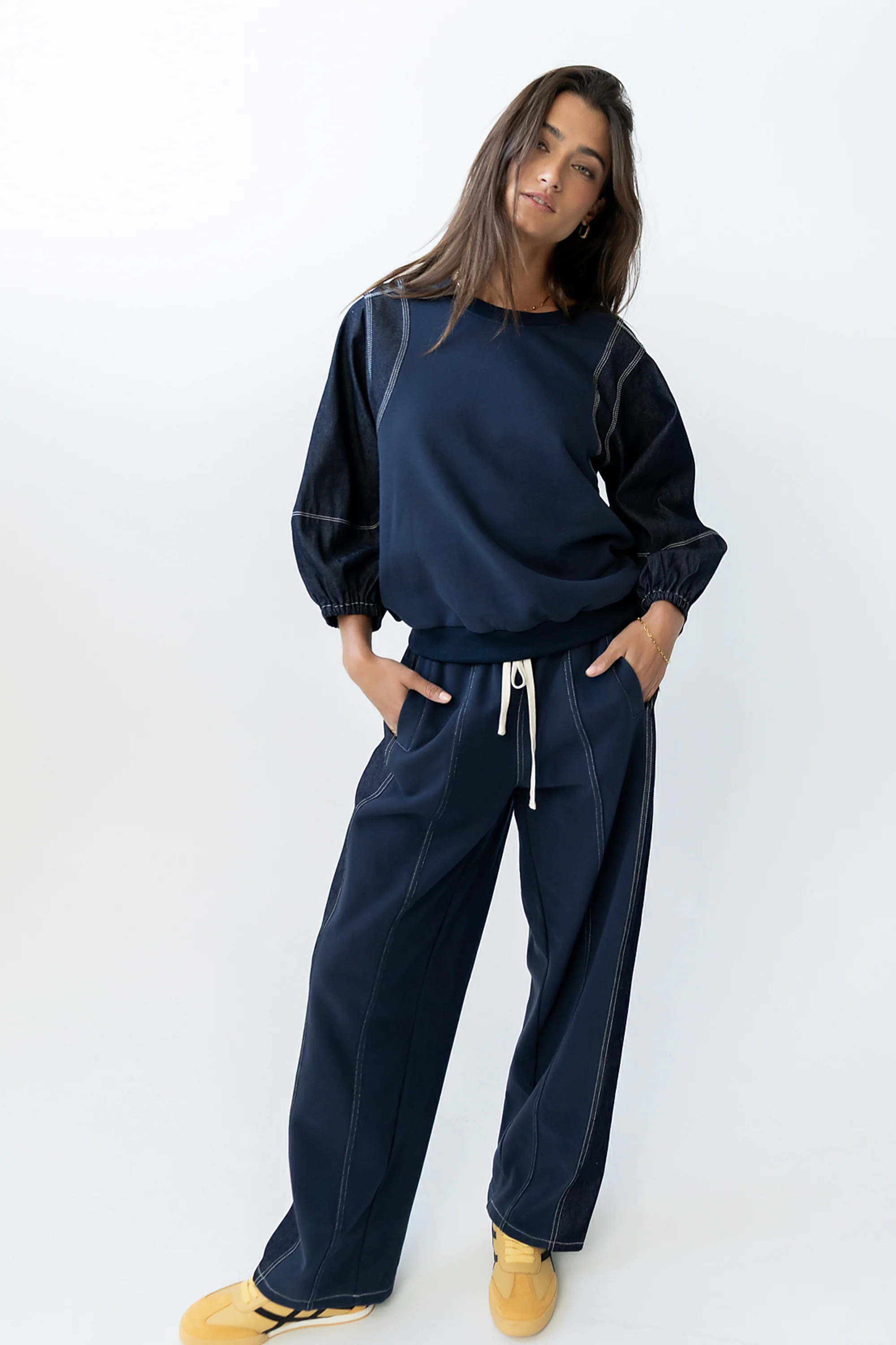 Malinda Mixed Media Top in Dark Wash - FINAL SALE - Image 3
