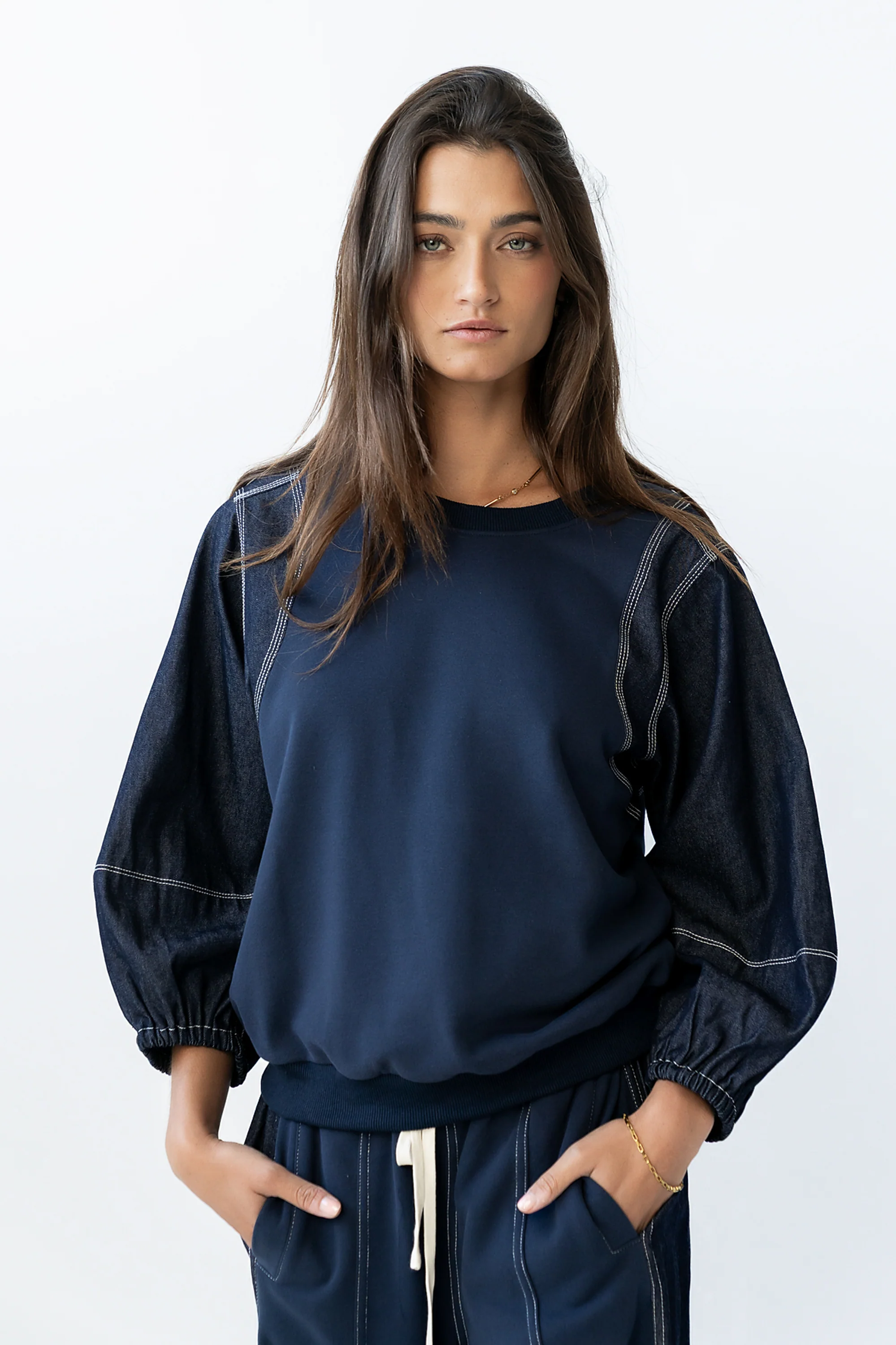Malinda Mixed Media Top in Dark Wash - FINAL SALE - Image 7