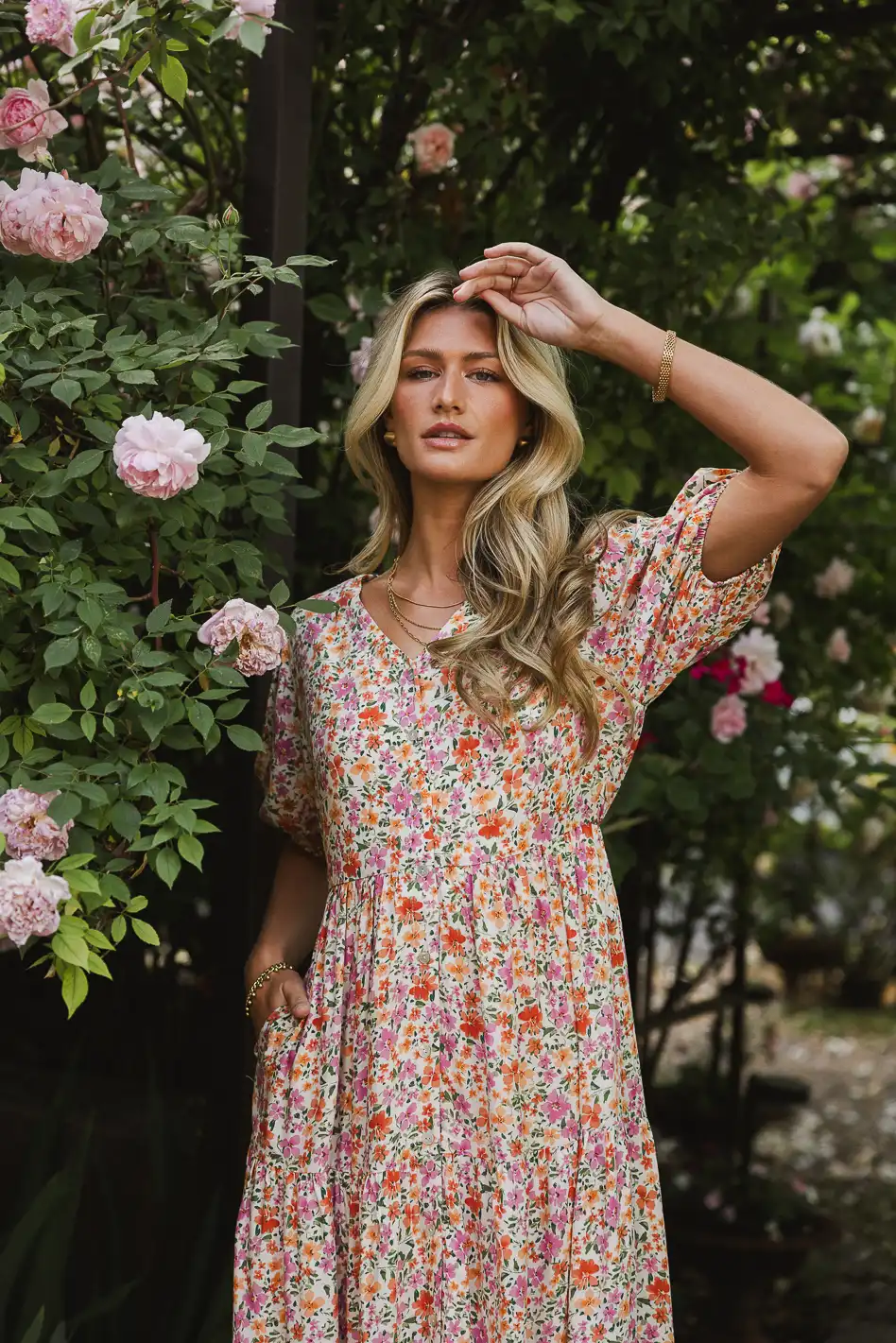 Marcia Floral Dress in Peach - Image 3