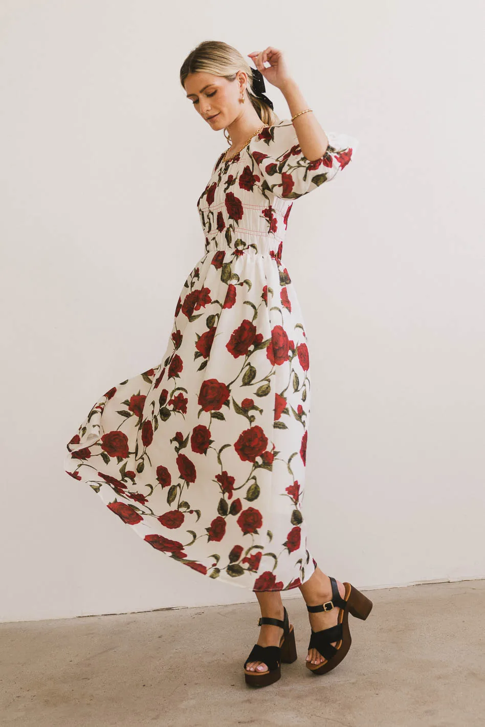 Marnie Smocked Midi Dress in Red - Image 3