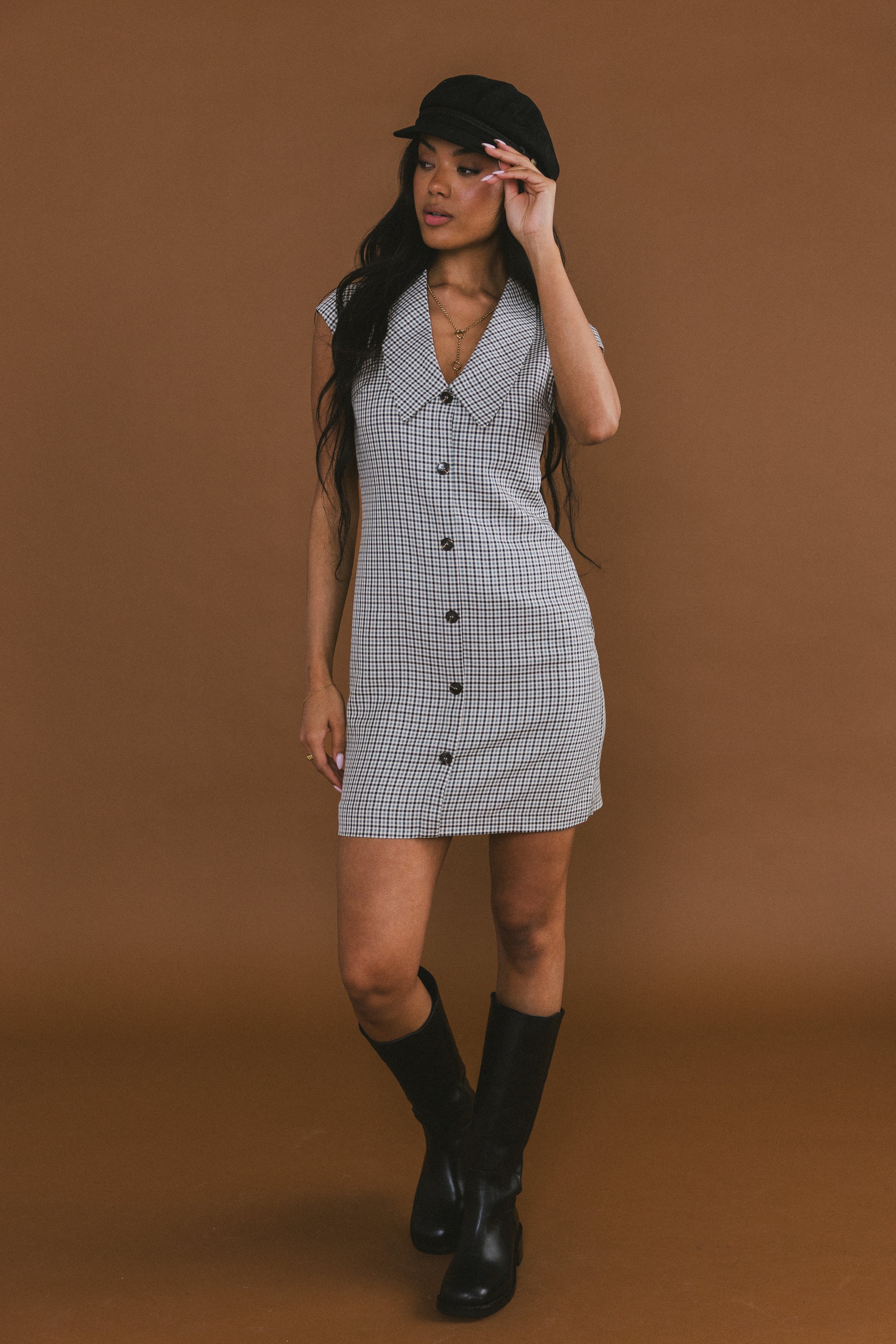 Mckenna Plaid Mini Dress in Grey - Image 12