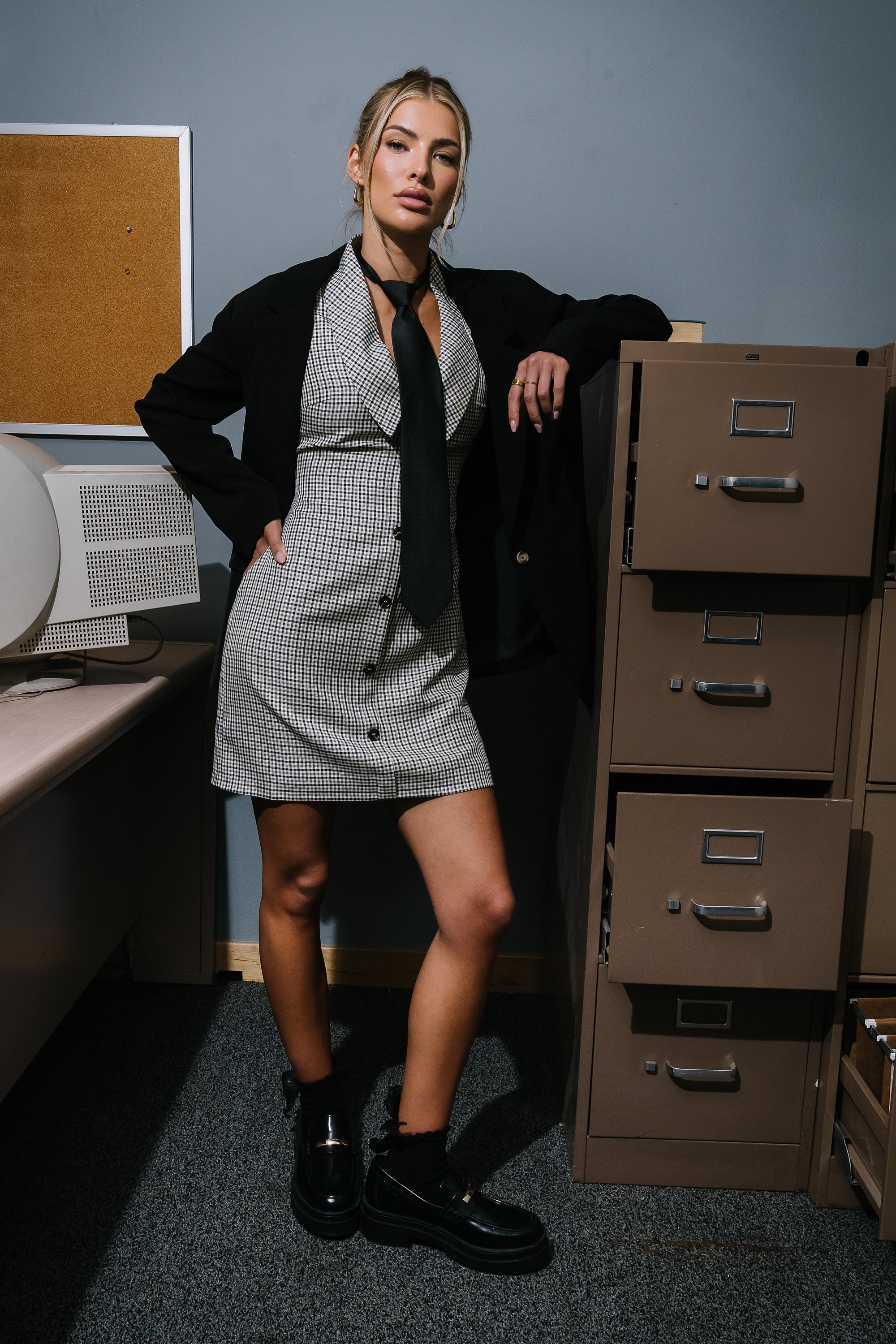 Mckenna Plaid Mini Dress in Grey - Image 2