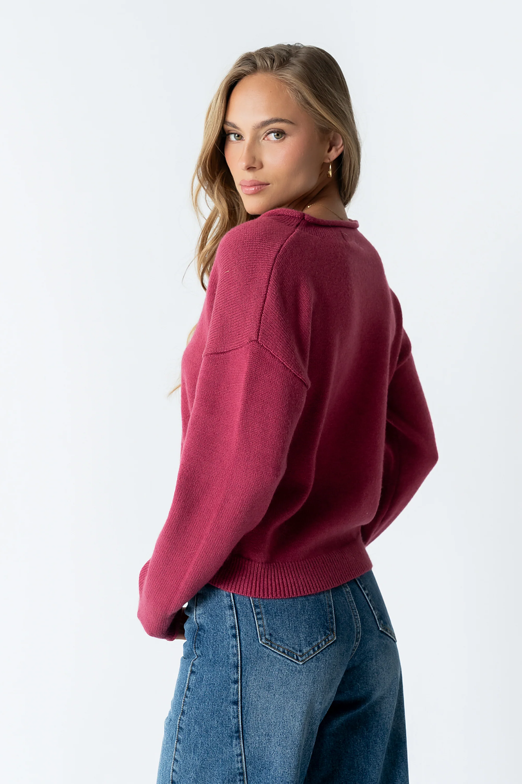 Meli Button Front Knit Sweater in Berry - Image 4