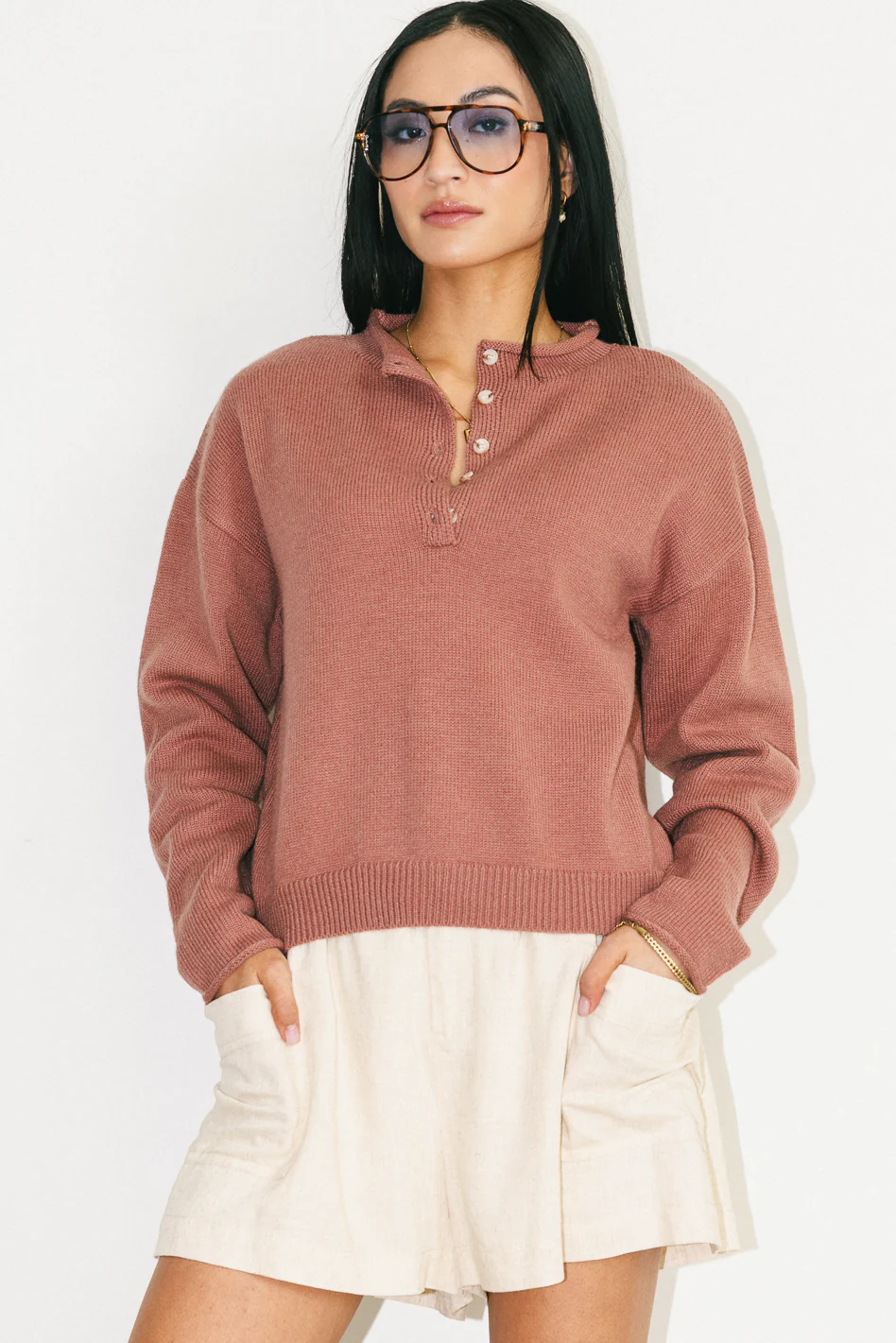 Meli Button Front Knit Sweater in Mauve - FINAL SALE - Image 4