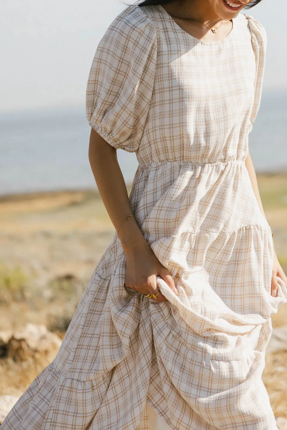 Melina Plaid Midi Dress in Taupe - FINAL SALE - Image 3