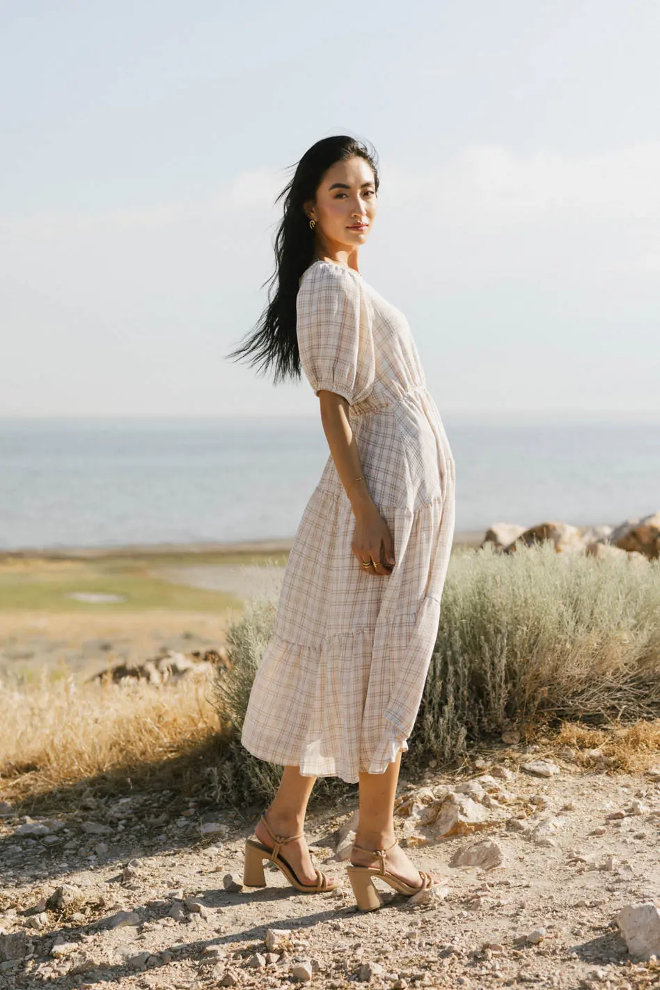 Melina Plaid Midi Dress in Taupe - FINAL SALE - Image 5