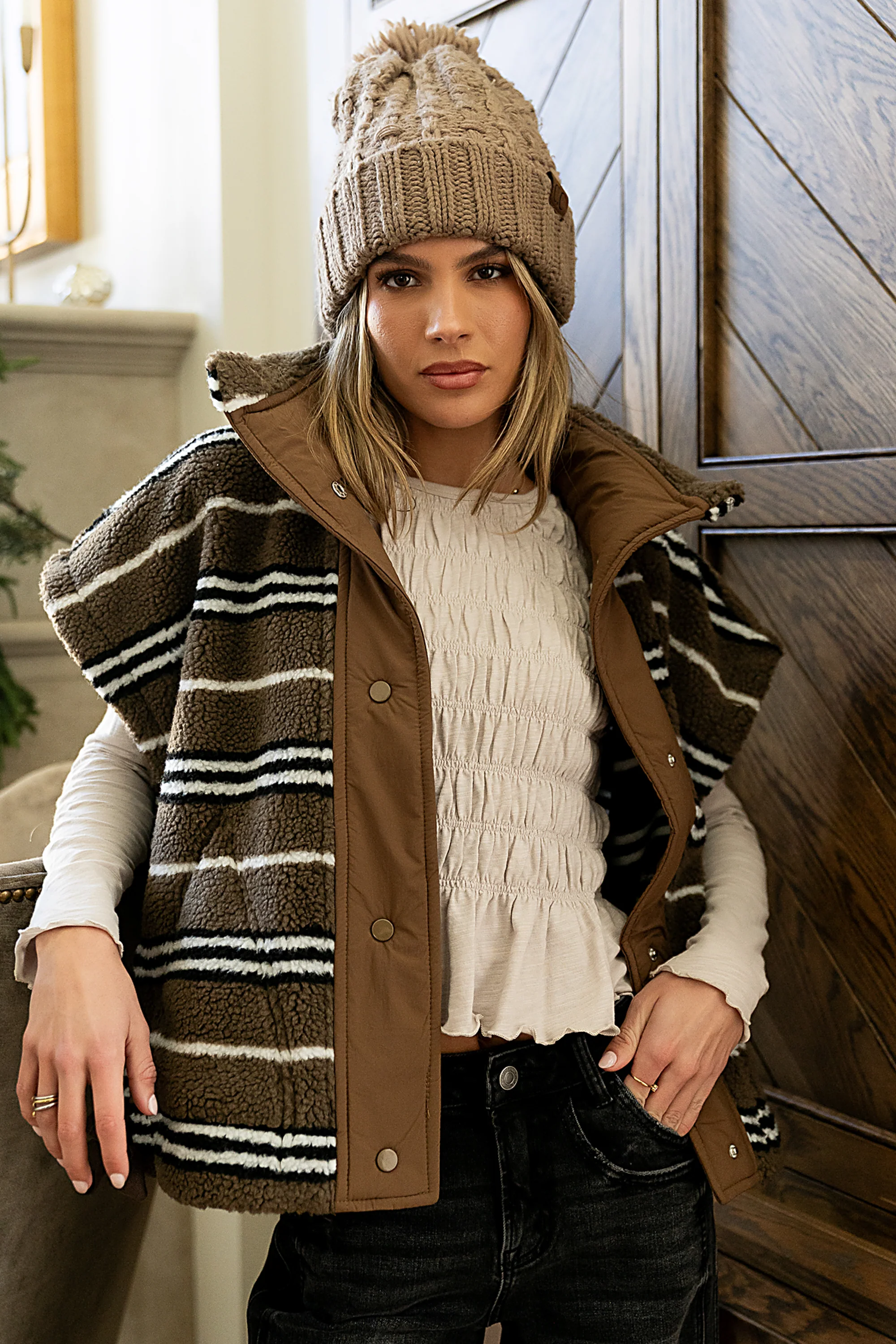 Mellanie Striped Sherpa Vest in Mocha - FINAL SALE - Image 2