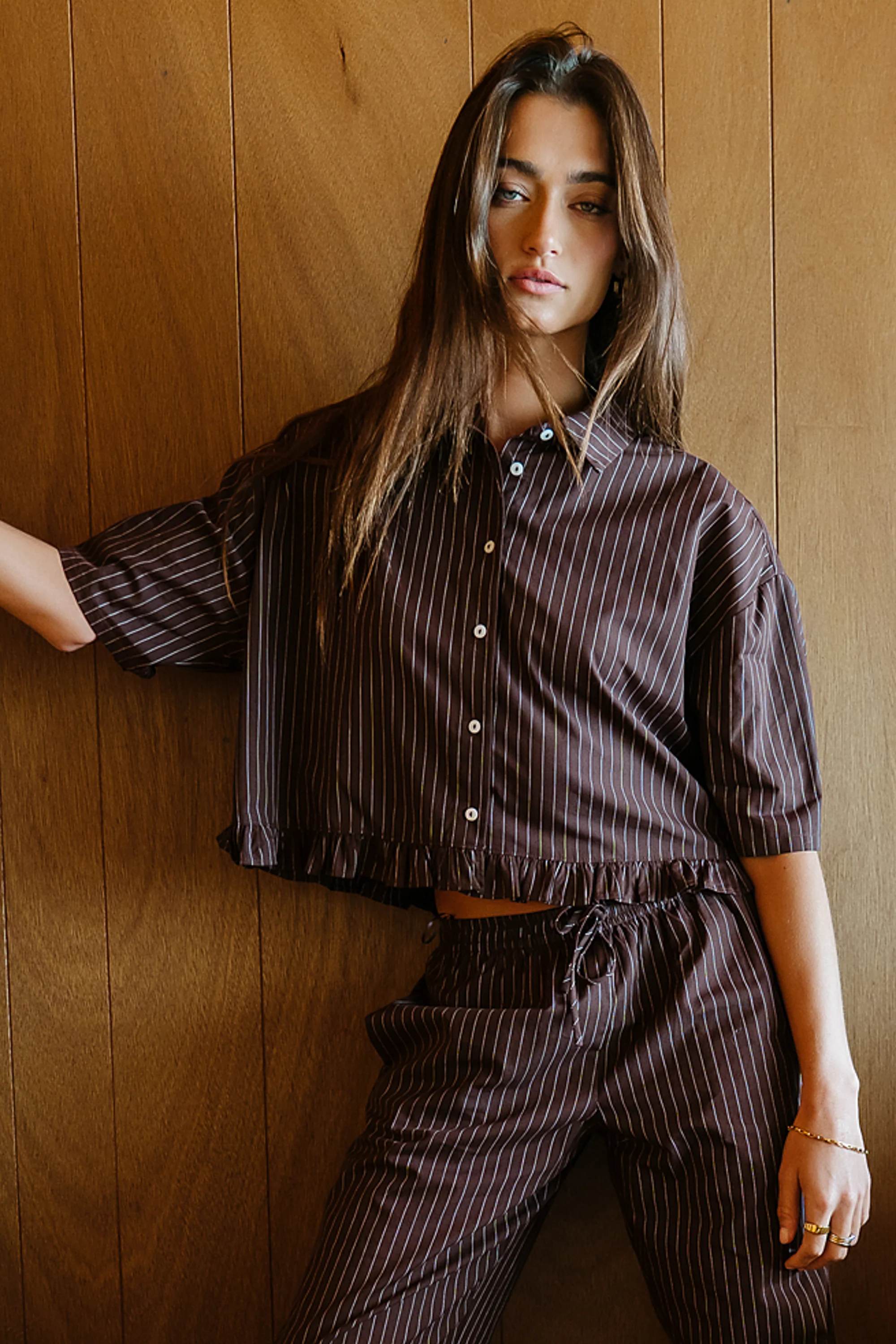 Melody Pinstripe Blouse in Dark Brown - FINAL SALE