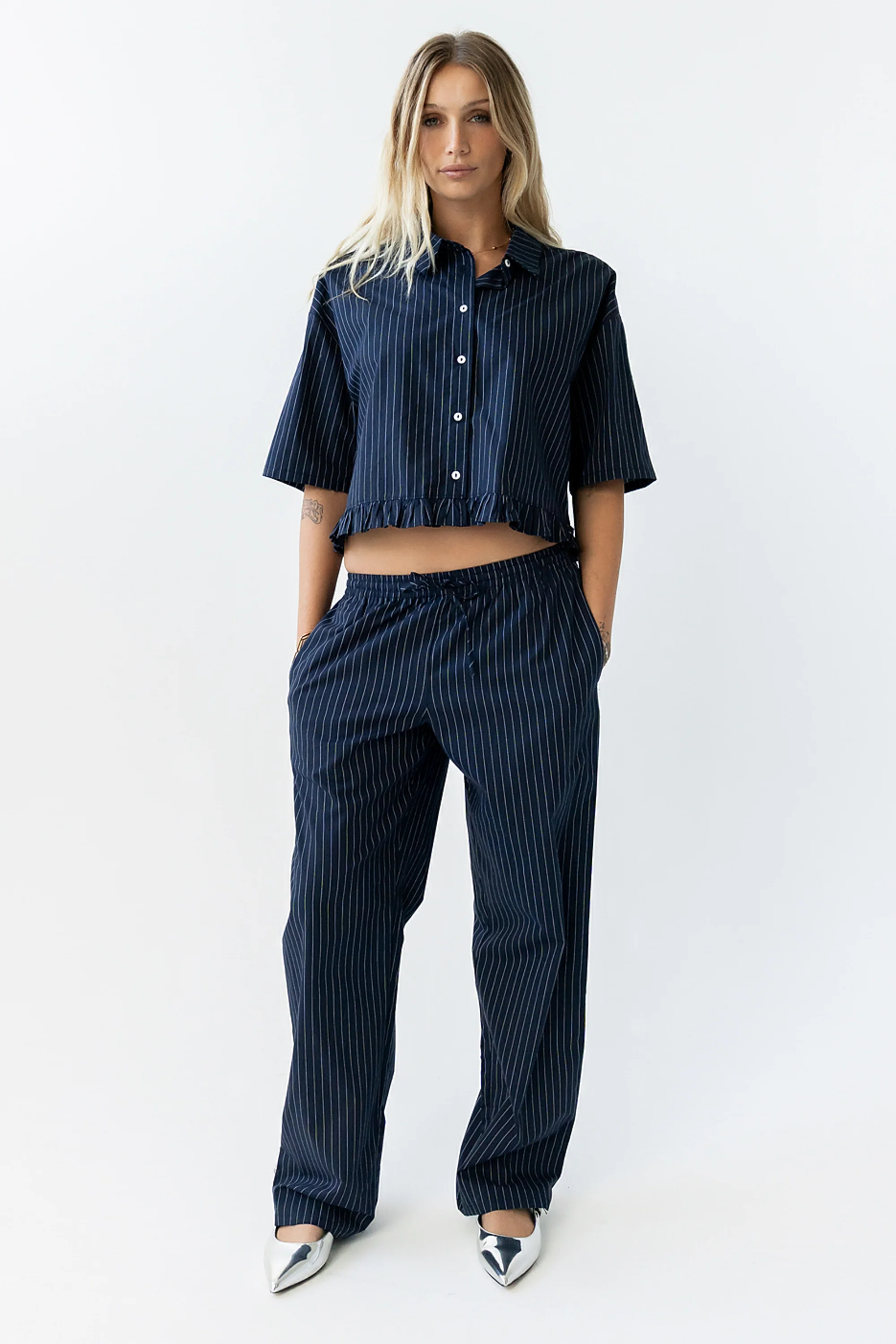 Melody Pinstripe Wide Leg Pants in Navy - FINAL SALE - Image 2