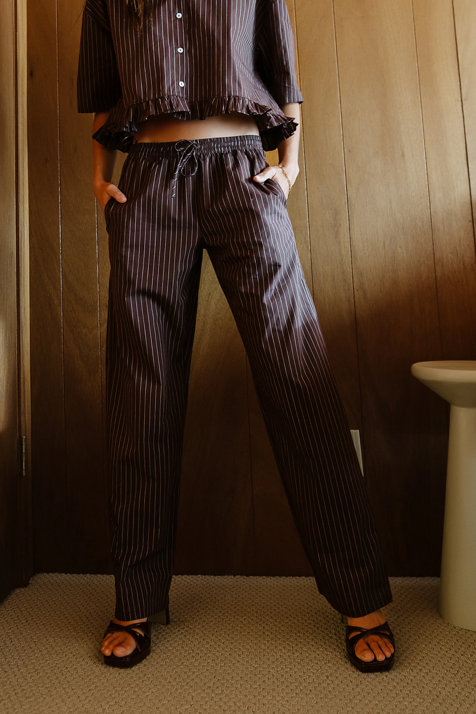 Melody Pinstripe Wide Leg Pants in Dark Brown - FINAL SALE