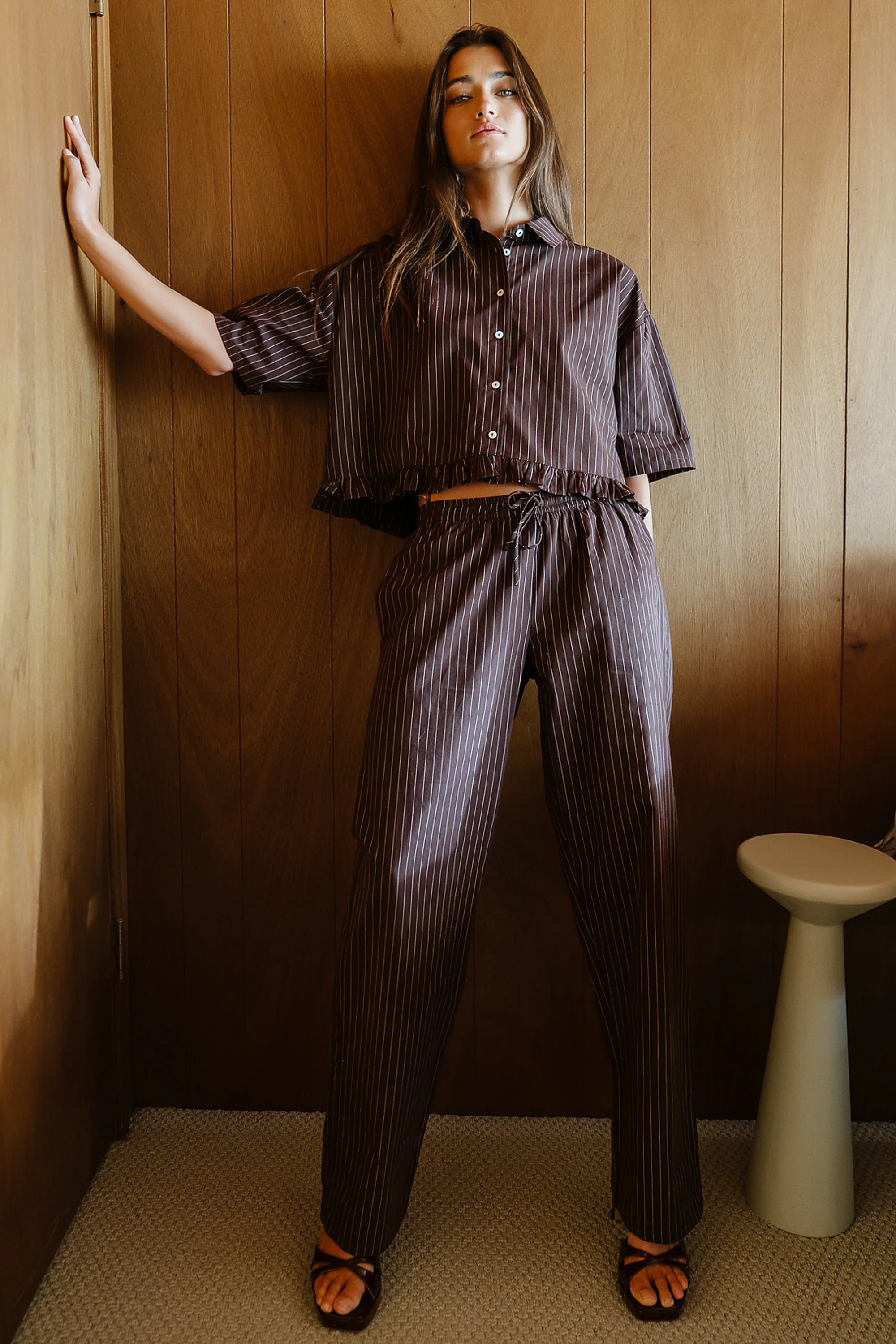 Melody Pinstripe Wide Leg Pants in Dark Brown - FINAL SALE - Image 2