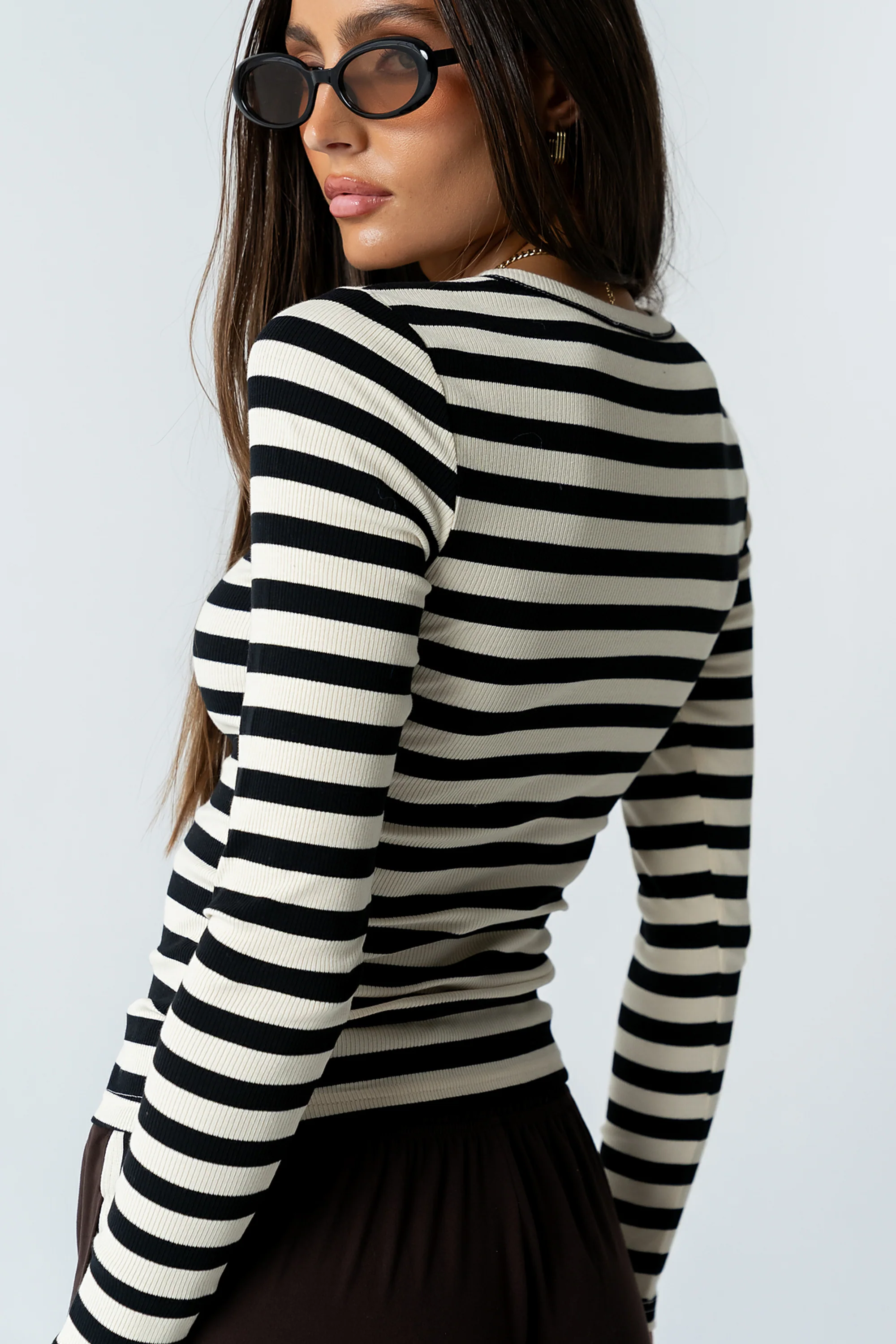 Mia Button Up Top in Striped Black - FINAL SALE - Image 3