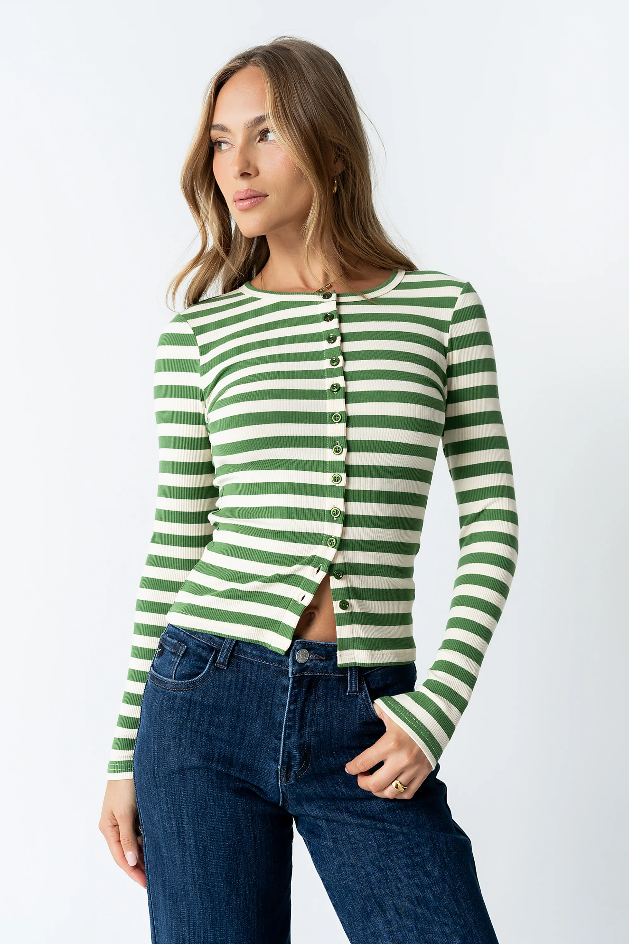 Mia Button Up Top in Striped Green - Image 2