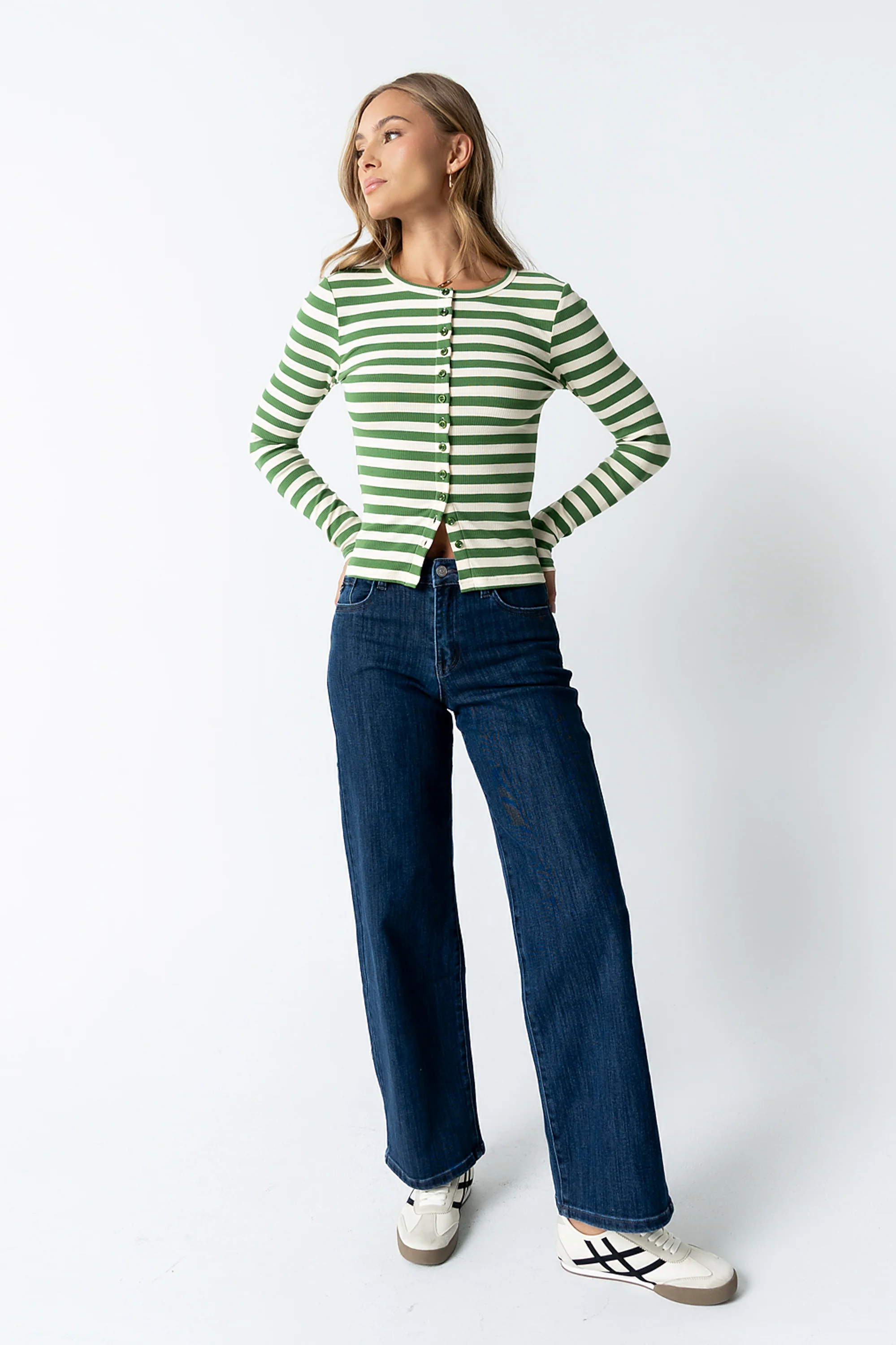 Mia Button Up Top in Striped Green - Image 3