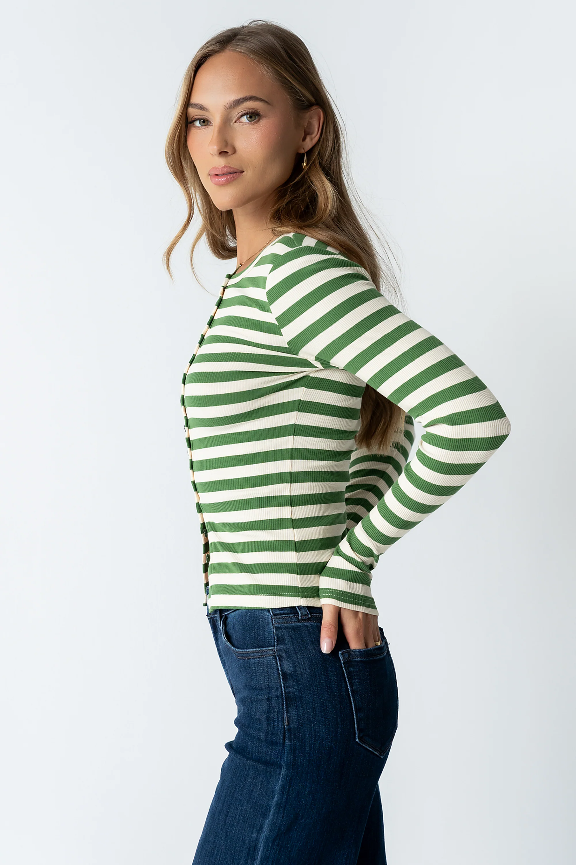 Mia Button Up Top in Striped Green - Image 4