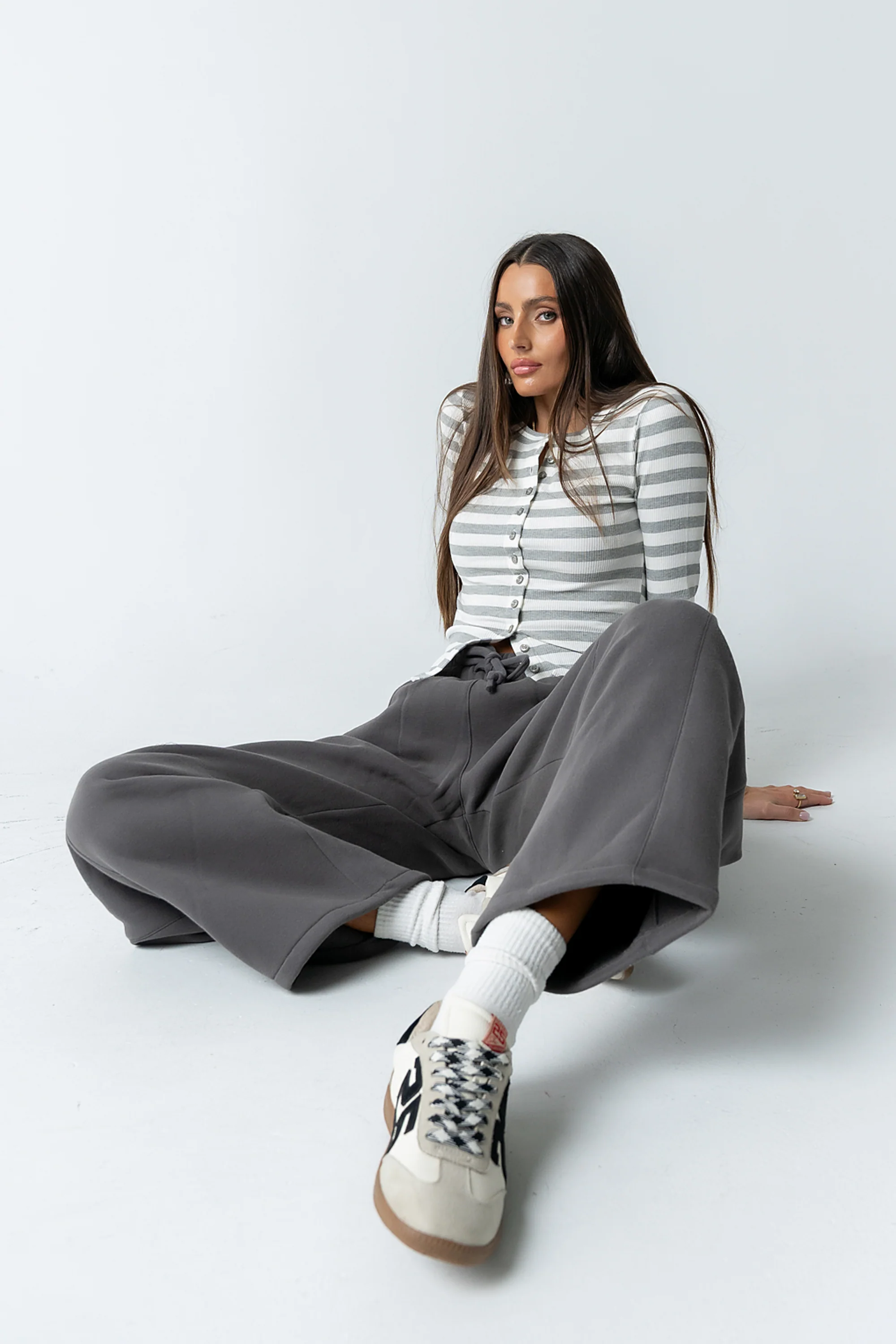 Mia Button Up Top in Striped Grey - Image 6