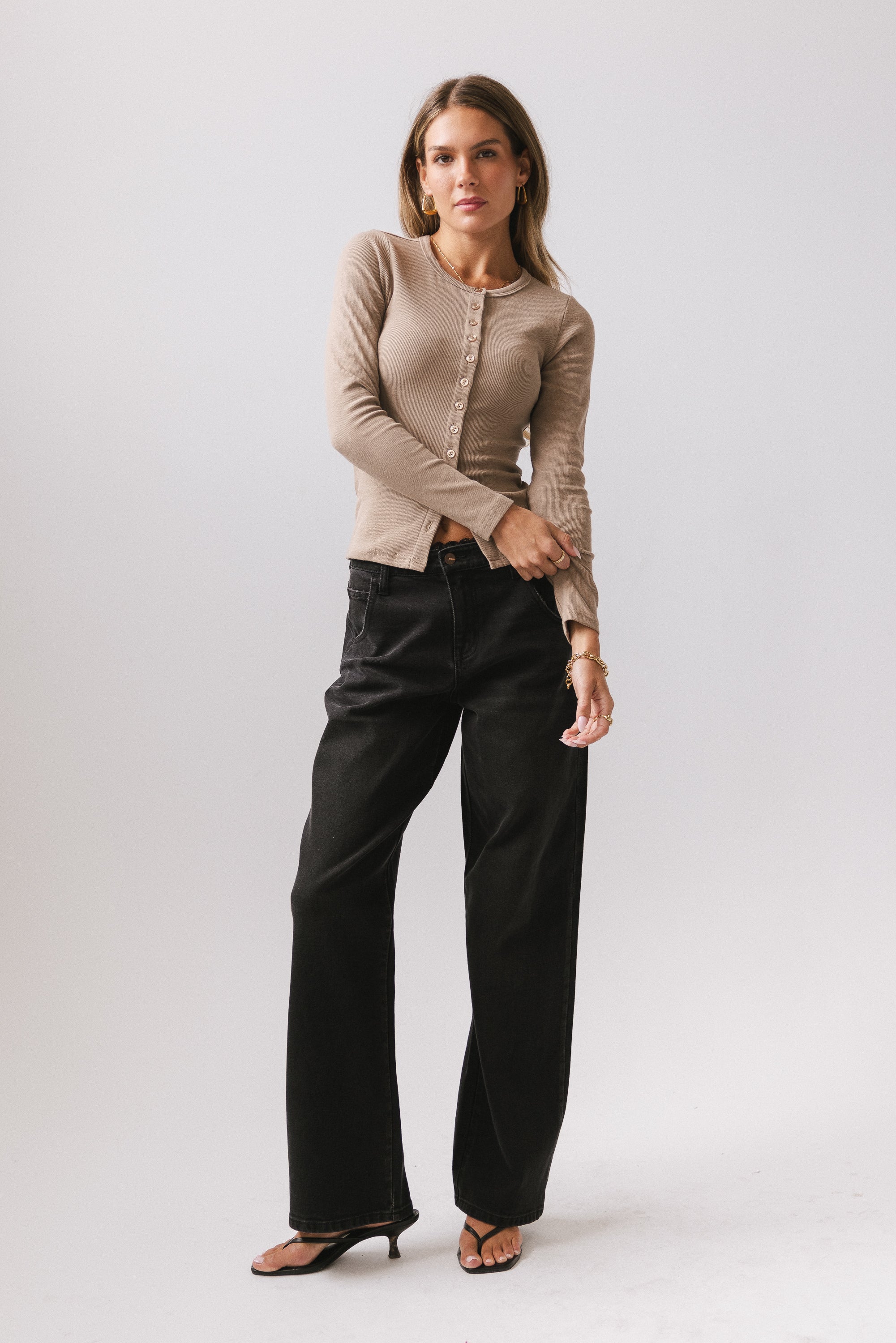 Mia Button Up Top in Taupe - FINAL SALE - Image 2