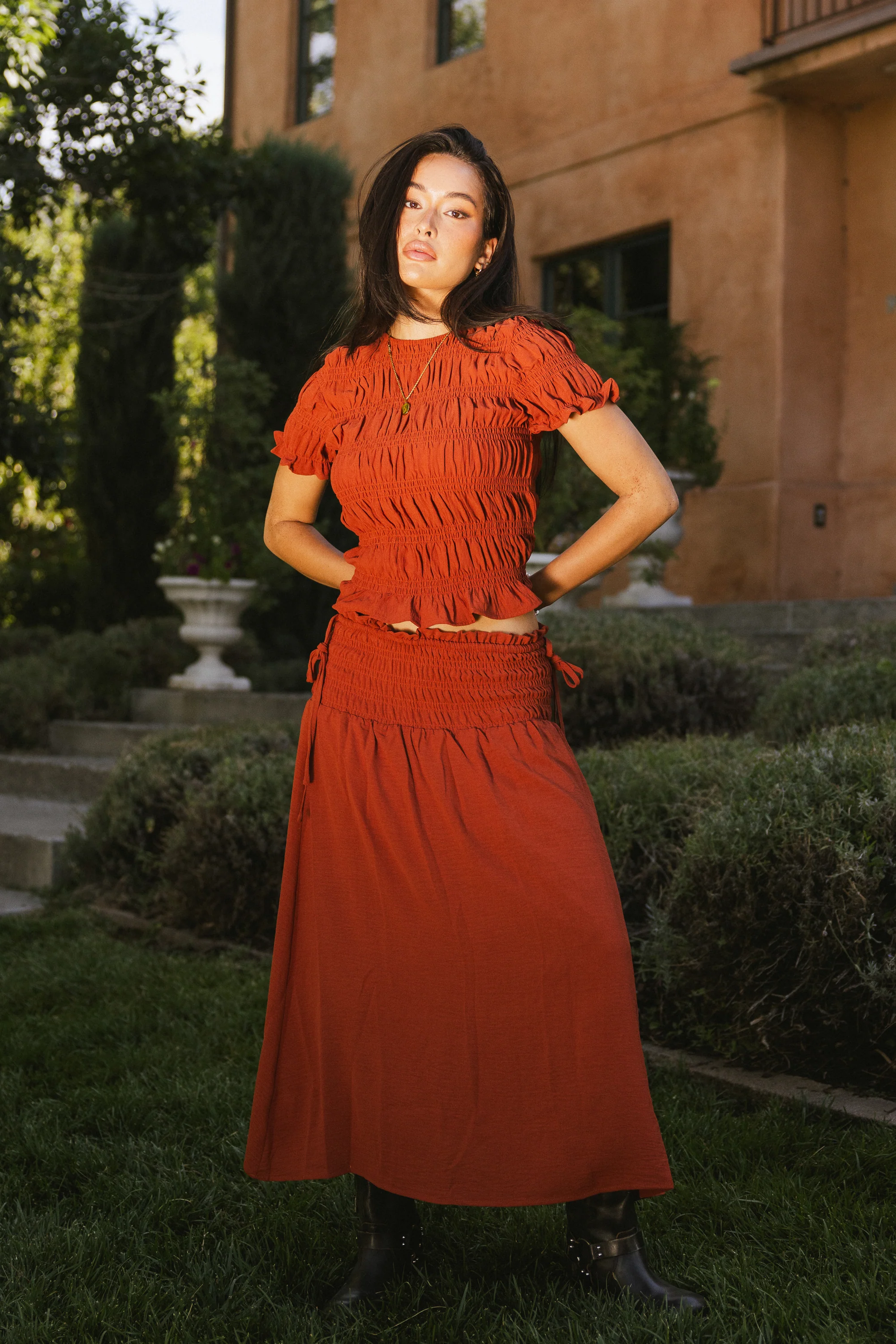 Micah Smocked Maxi Skirt in Rust - FINAL SALE - Image 6