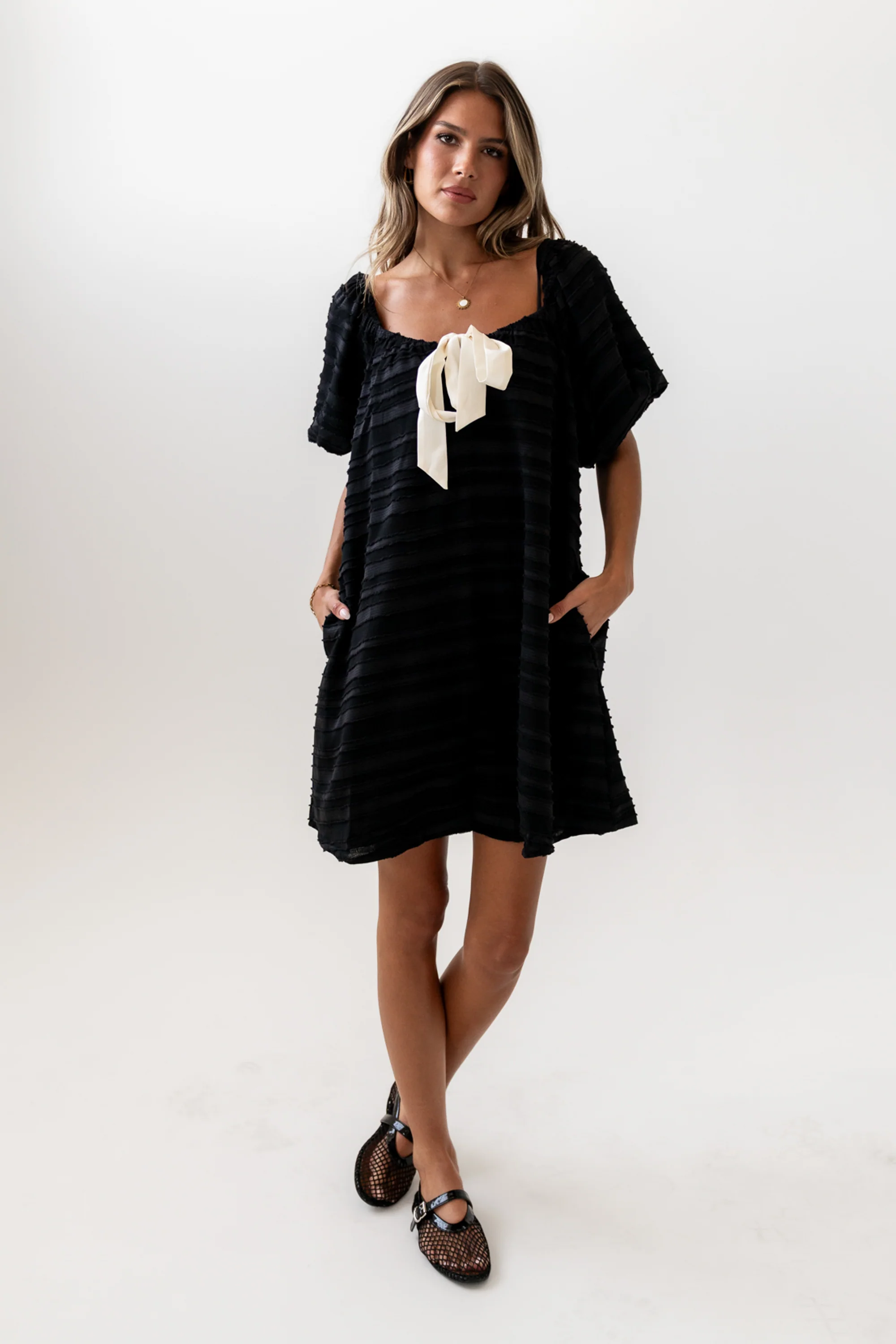 Minnie Textured Baby Doll Dress in Black - Image 2