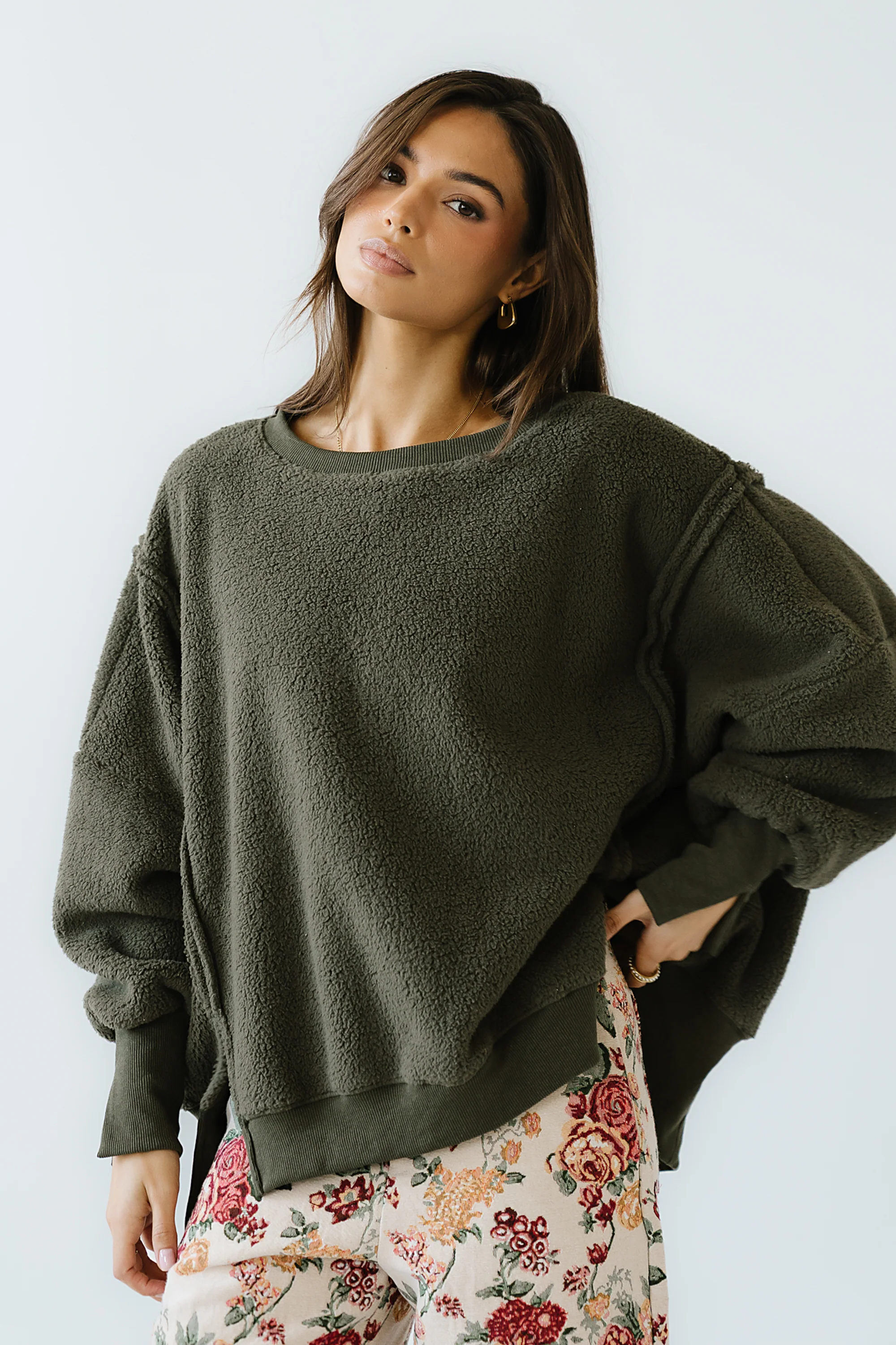 Moxie Oversized Sherpa Sweater in Olive - FINAL SALE