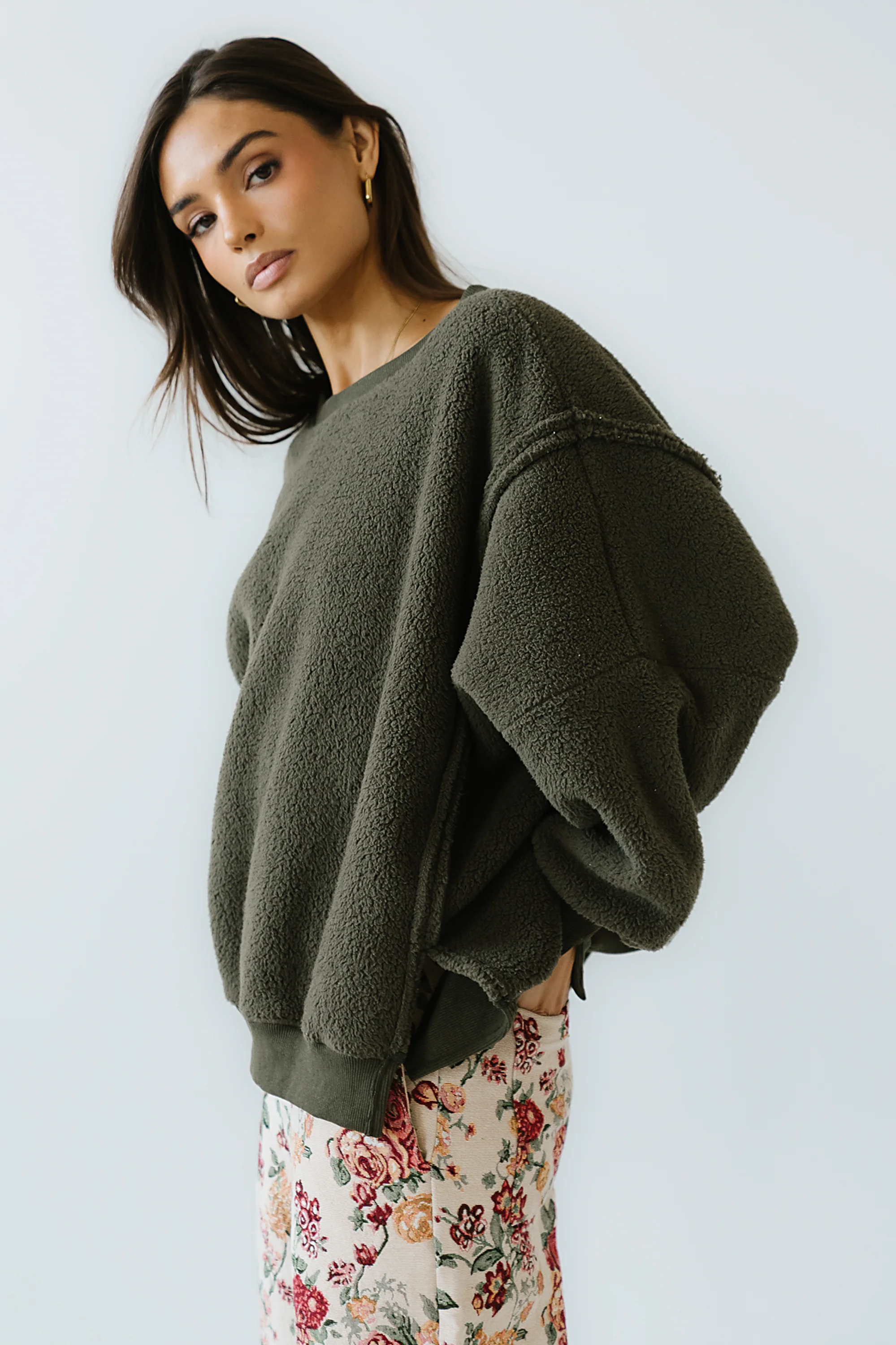 Moxie Oversized Sherpa Sweater in Olive - FINAL SALE - Image 2