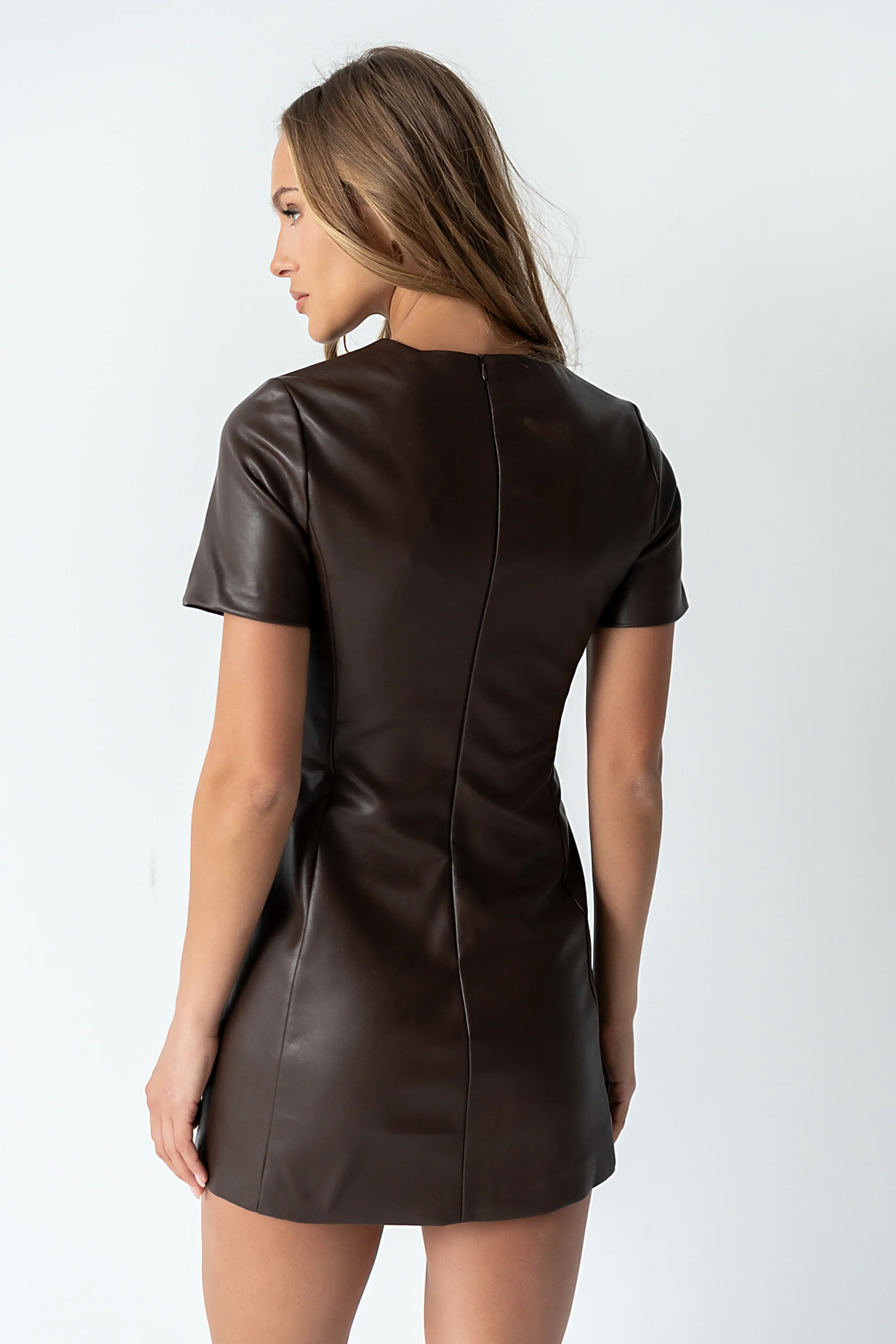 Moxie Vegan Leather Mini Dress in Brown - FINAL SALE - Image 4