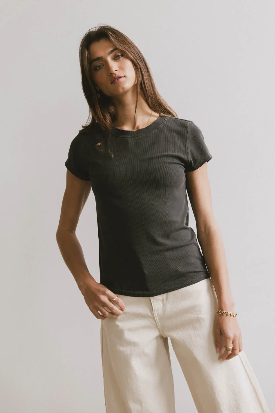 Opal Ribbed Tee in Charcoal - FINAL SALE