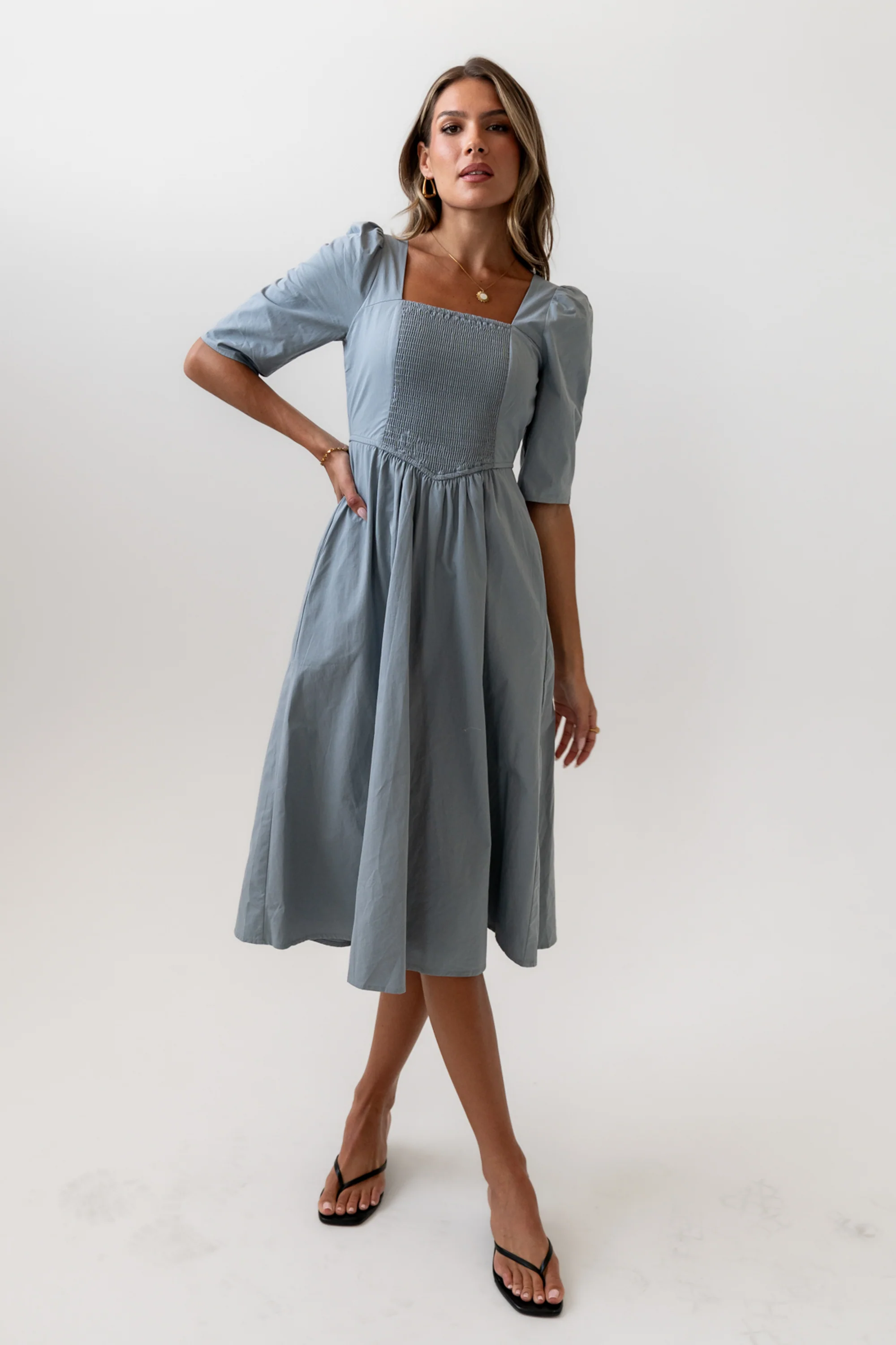Paisley Smocked Midi Dress in Slate Blue - FINAL SALE