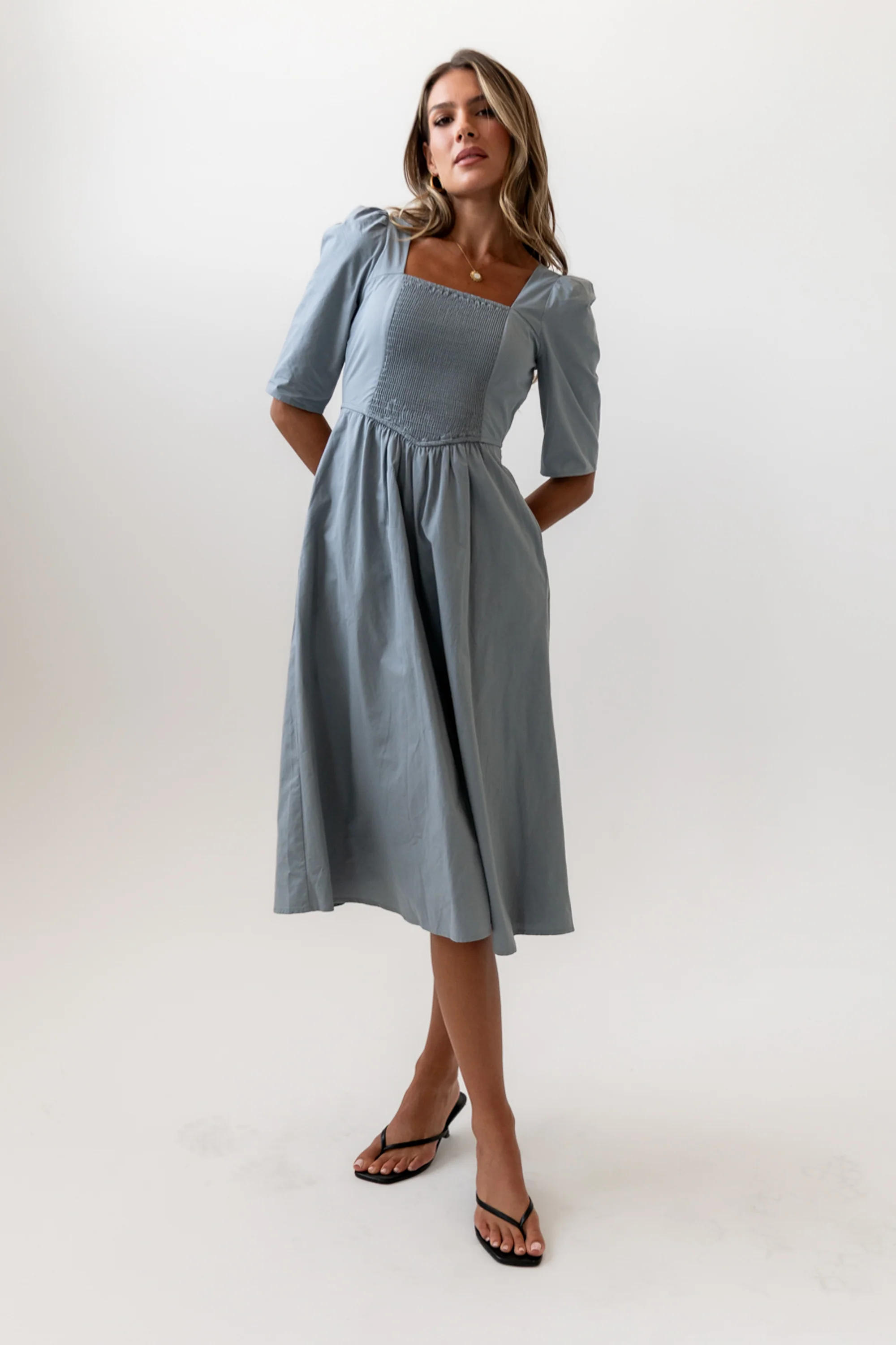 Paisley Smocked Midi Dress in Slate Blue - FINAL SALE - Image 6