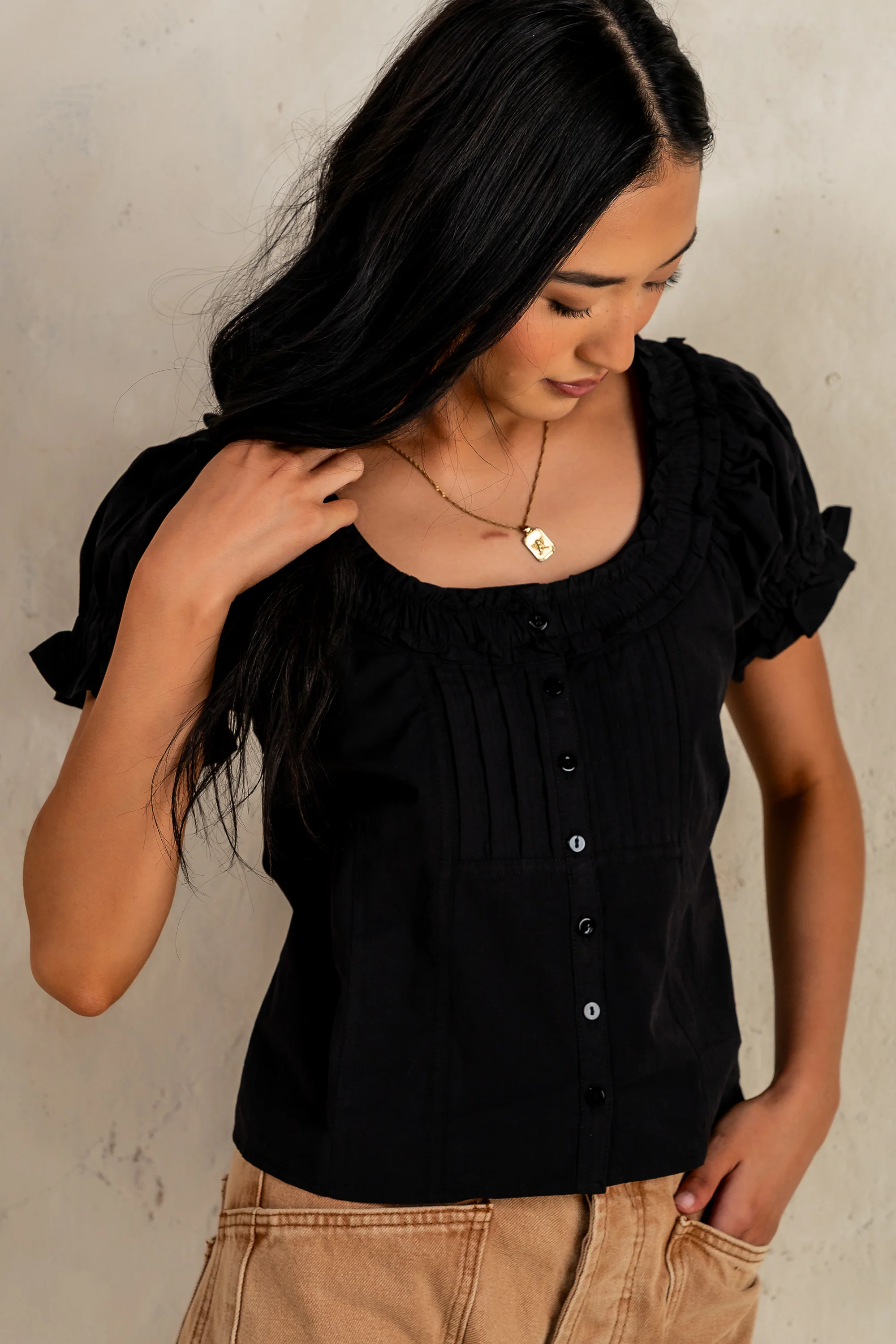 Payton Button Front Blouse in Black - FINAL SALE - Image 2