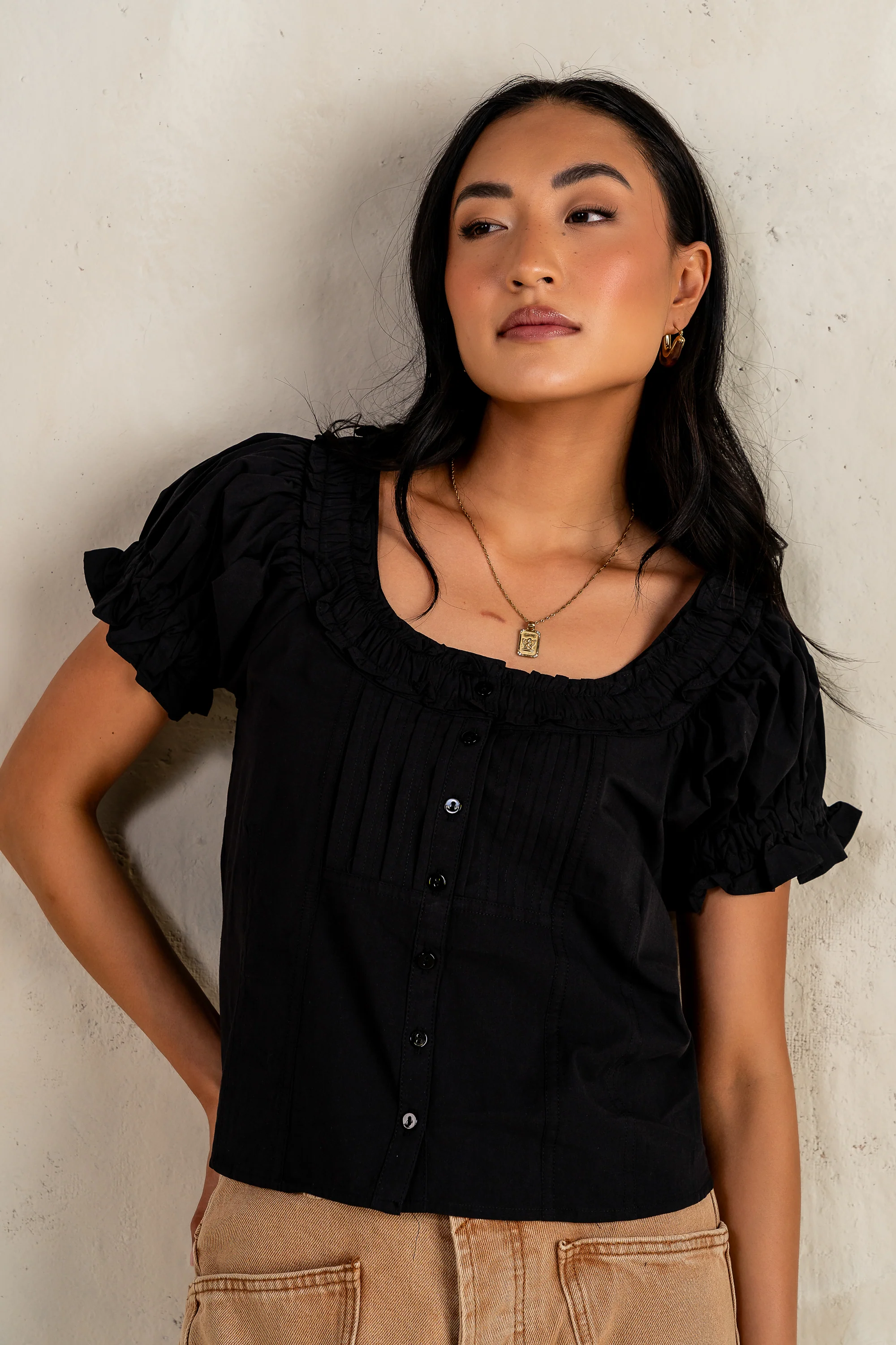 Payton Button Front Blouse in Black - FINAL SALE - Image 4