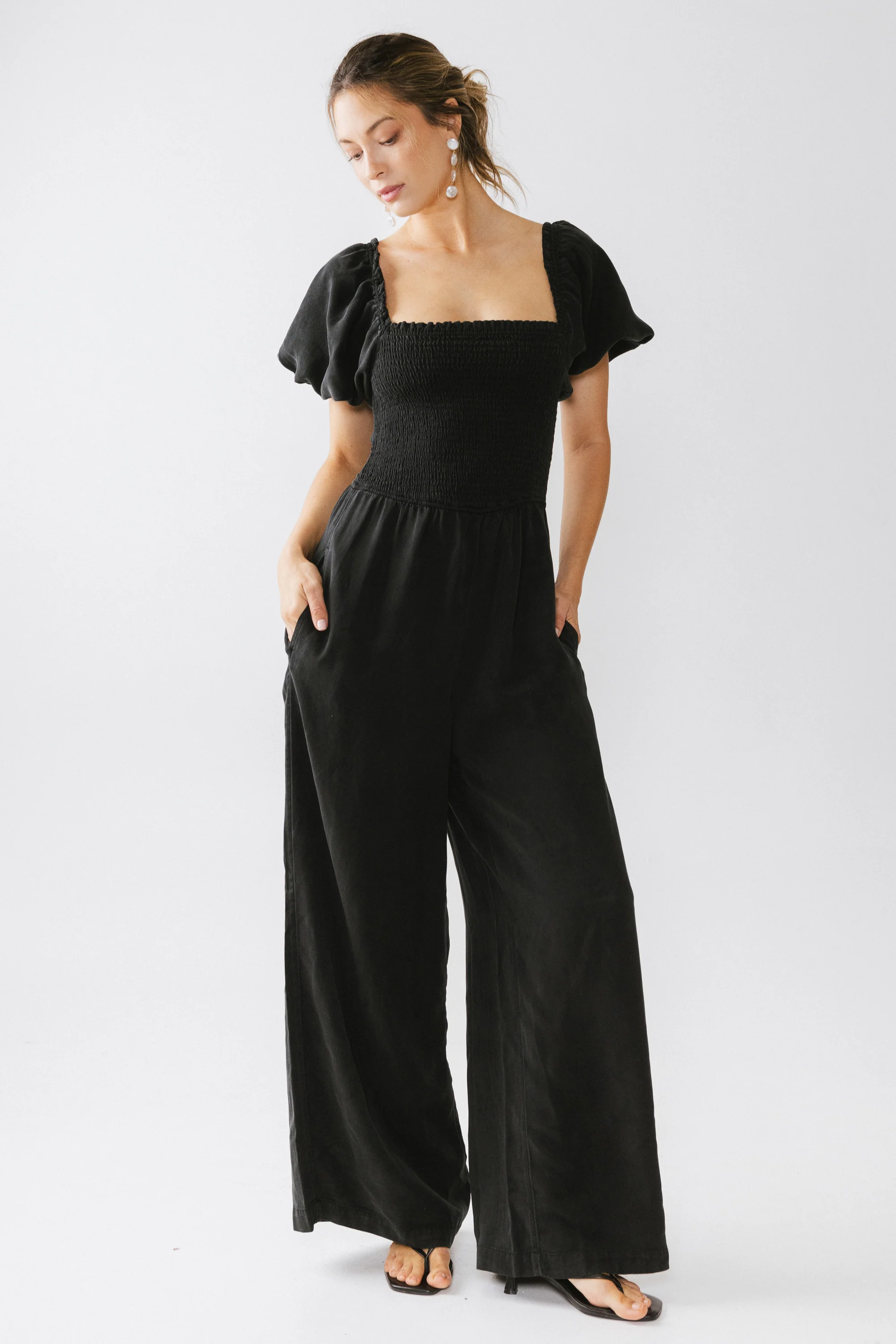 Piper Smocked Jumpsuit in Washed Black - FINAL SALE