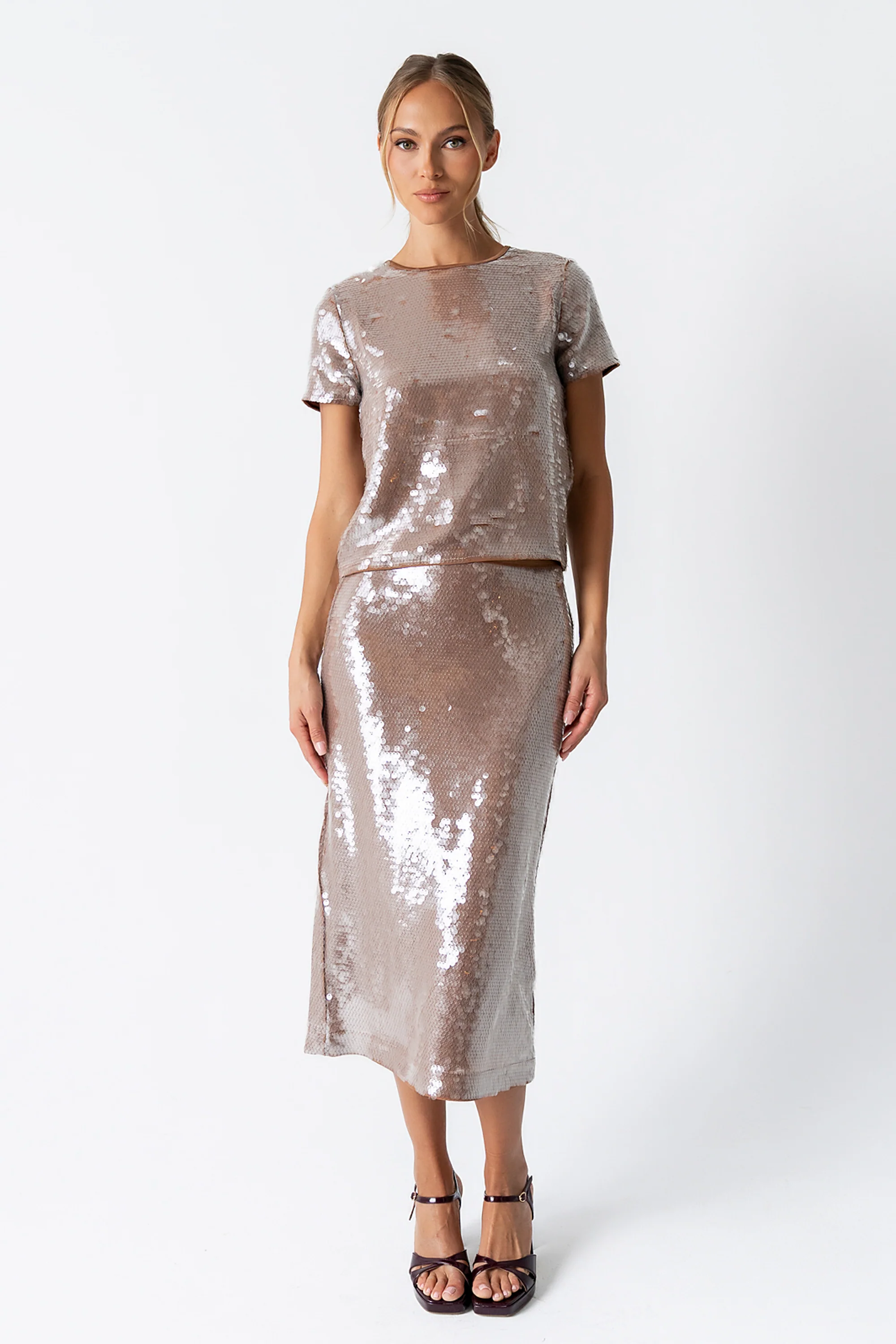 Presley Sequin Midi Skirt in Tan - Image 6
