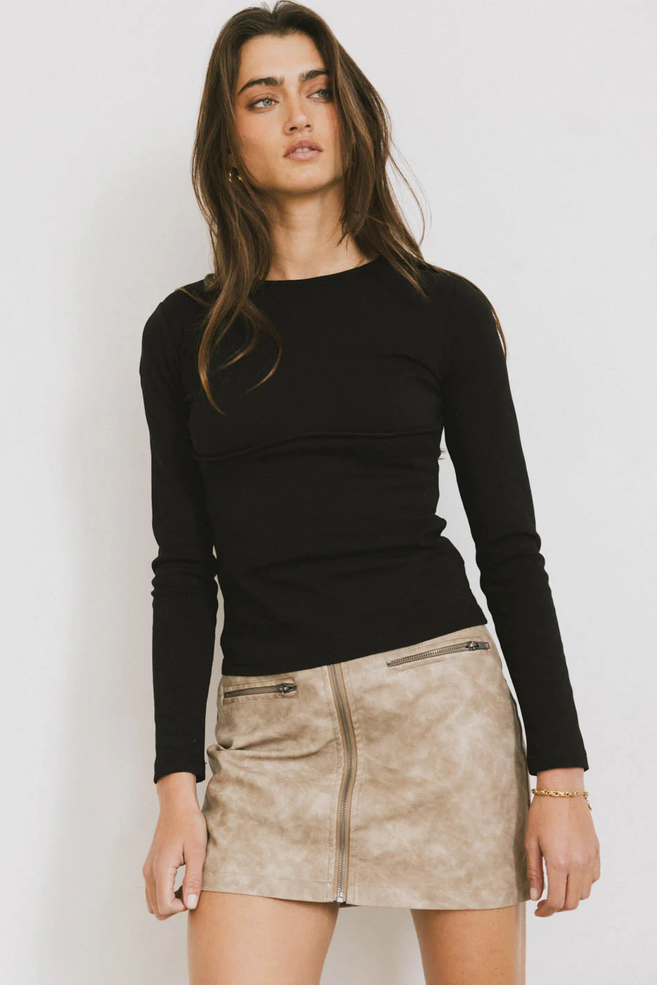 Quinlen Vegan Leather Mini Skirt in Tan - FINAL SALE - Image 5